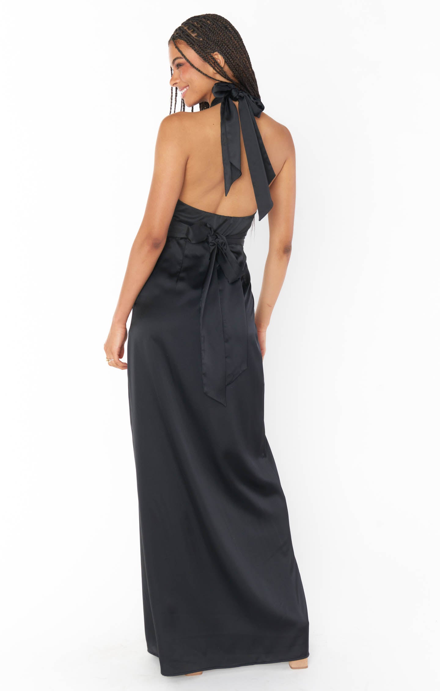Black Satin Halter Maxi Dress with Backless Design | Adele