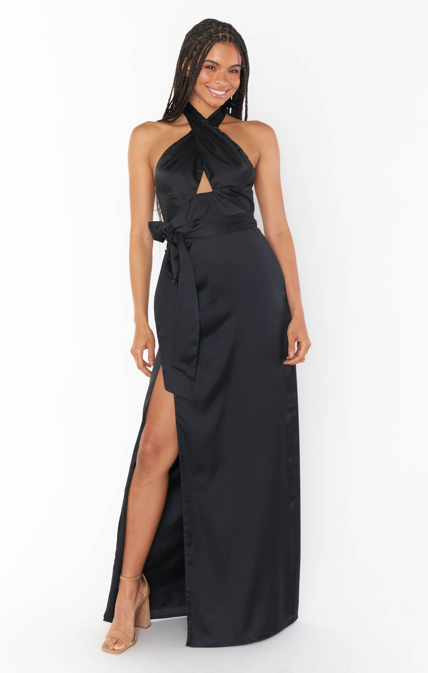 Black Satin Halter Maxi Dress with Backless Design | Adele