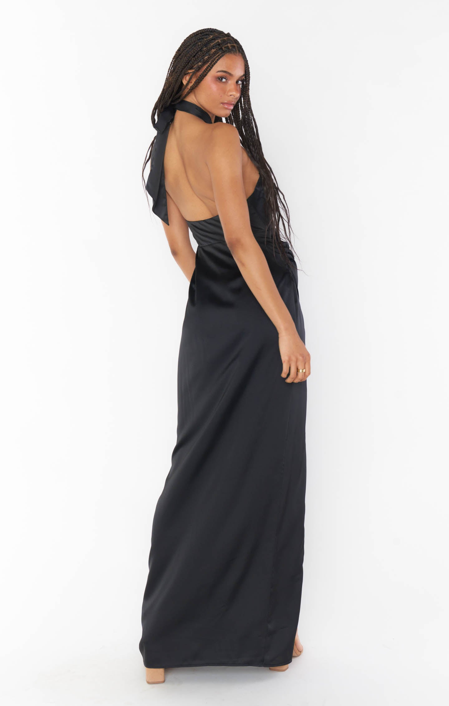 Black Satin Halter Maxi Dress with Backless Design | Adele