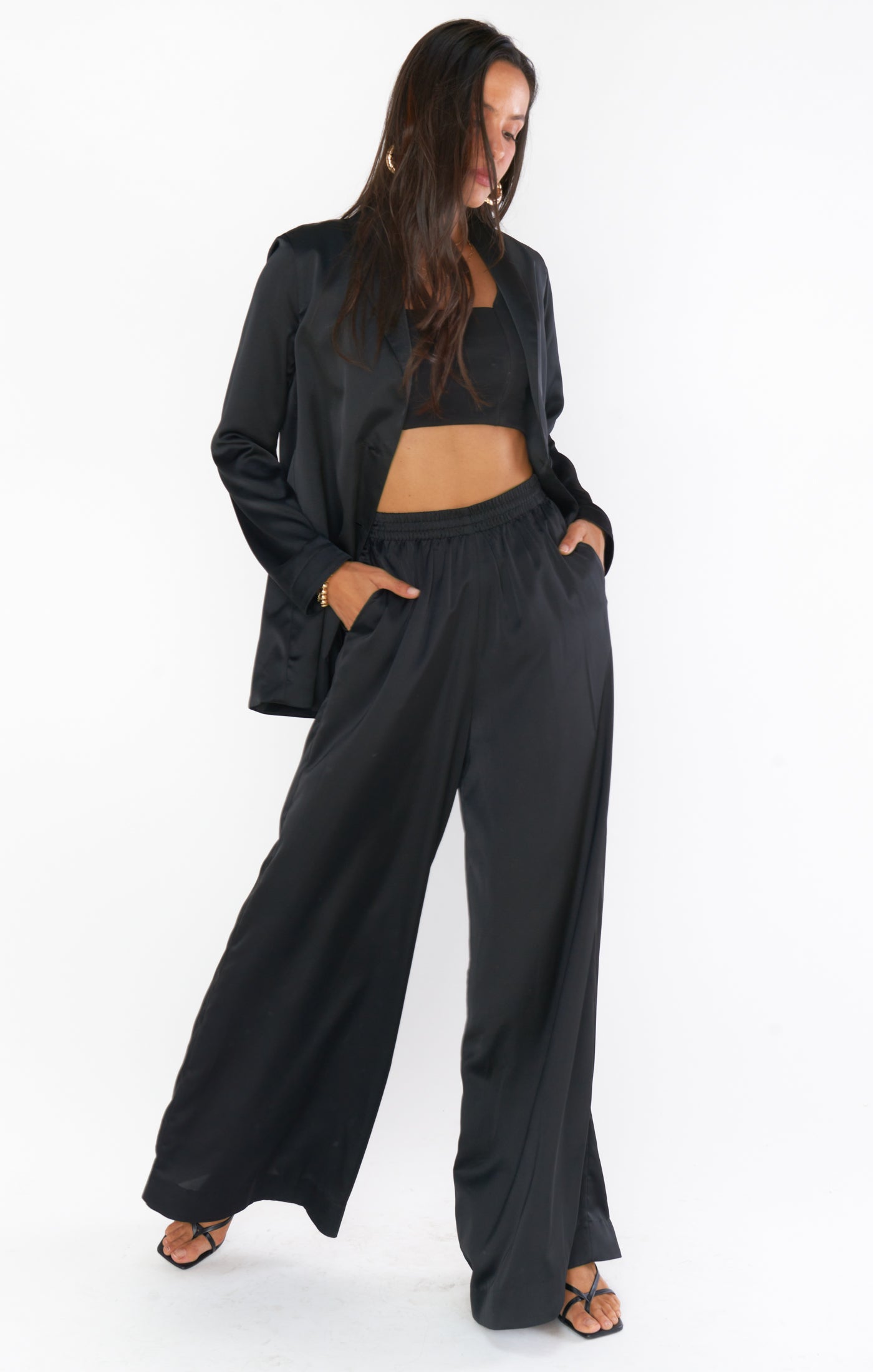 Black Luxe Satin Pants with Elastic Waist | Irwin