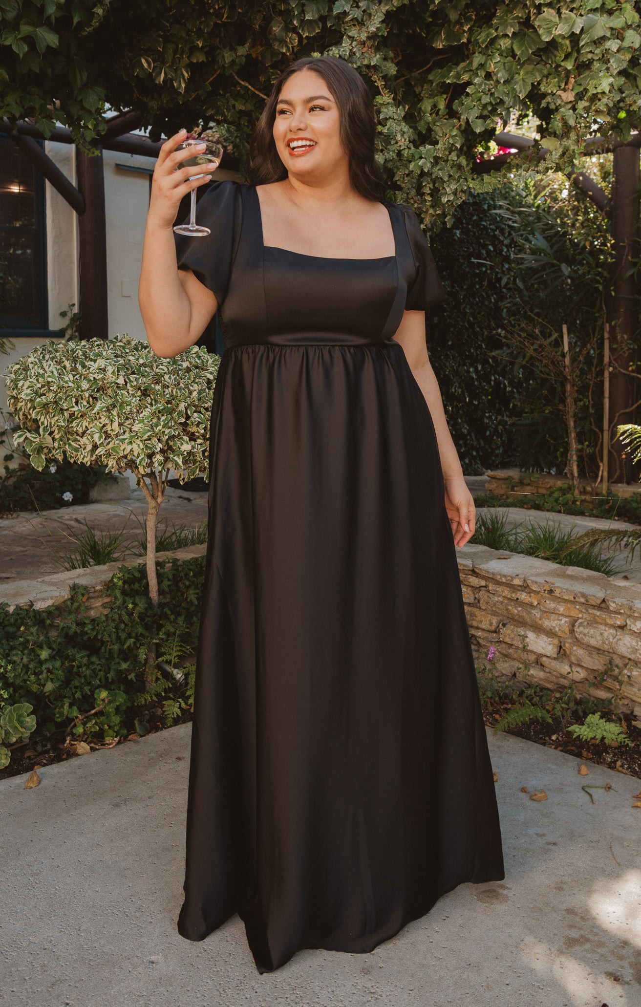 Elegant Black Satin Maxi Dress with Square Neckline & Smocked Back | Nora