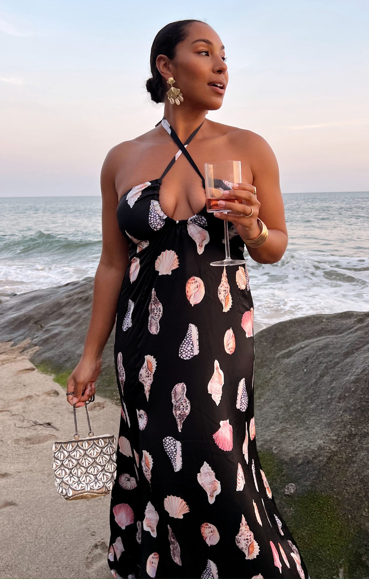 Luxe Satin Maxi Dress with Shell Print & Halter Neckline | Milos