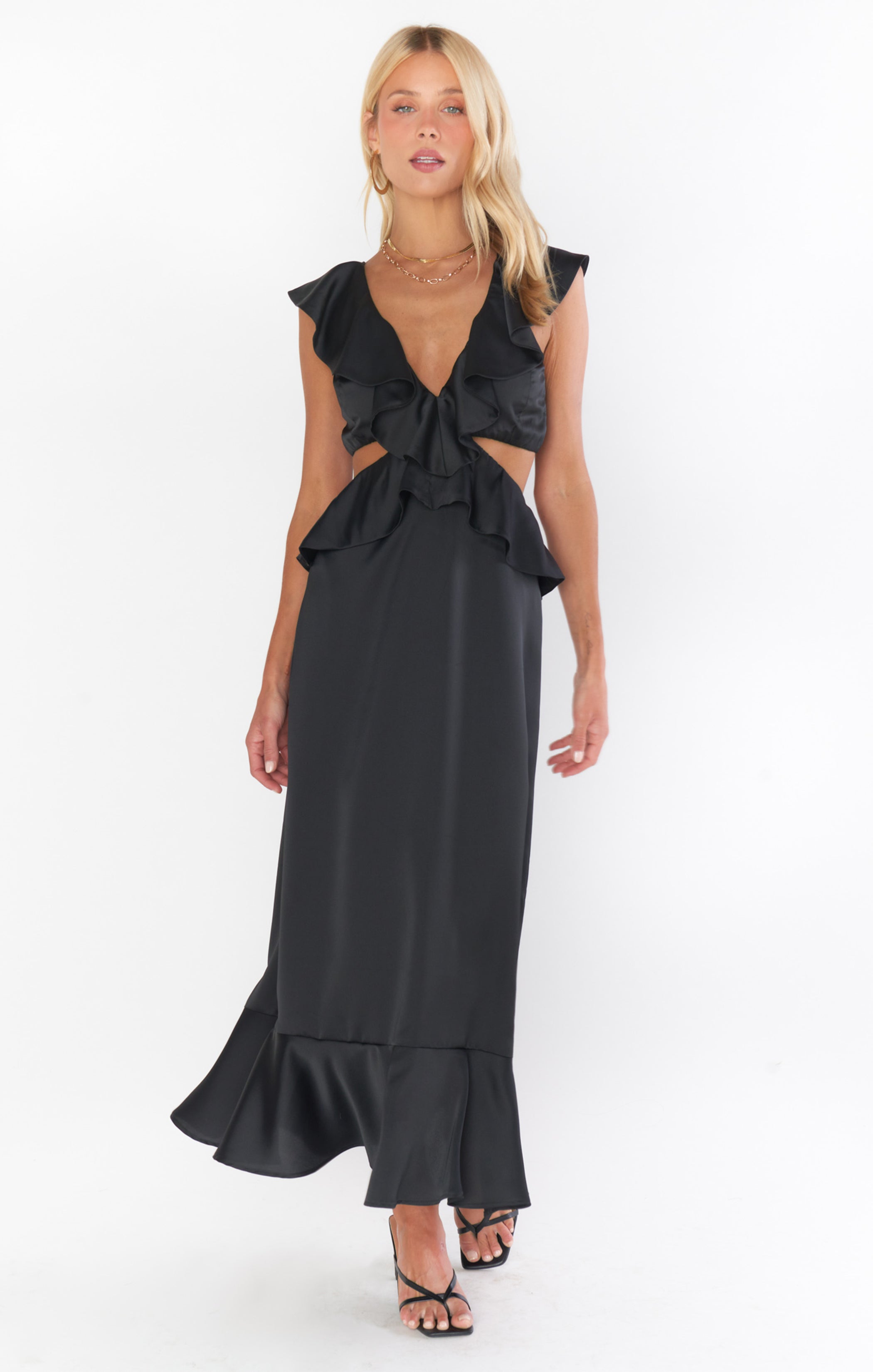Black Satin Midi Dress with Ruffled Bodice & Cutouts | Zoey