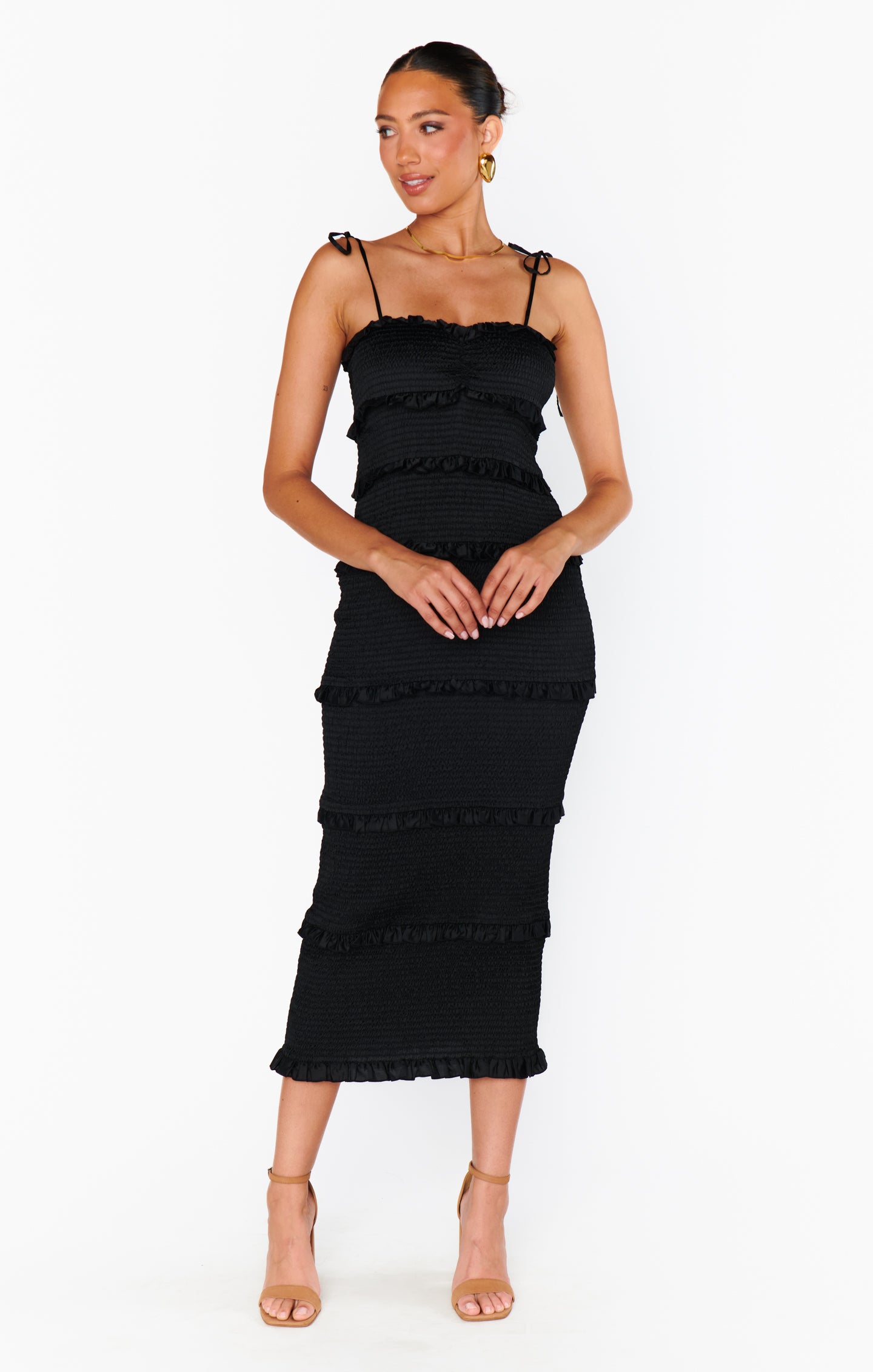 Black Smocked Satin Midi Dress with Adjustable Straps | Stella