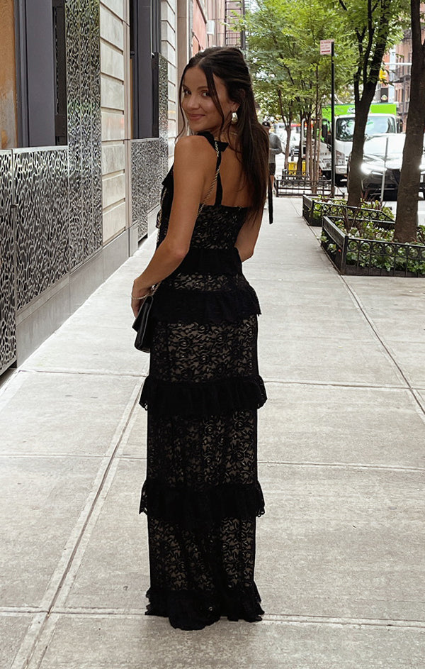 Lace Maxi Dress with Tied Straps & Tiered Ruffle Skirt | Monique