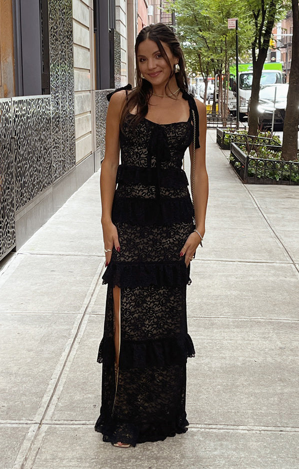 Lace Maxi Dress with Tied Straps & Tiered Ruffle Skirt | Monique