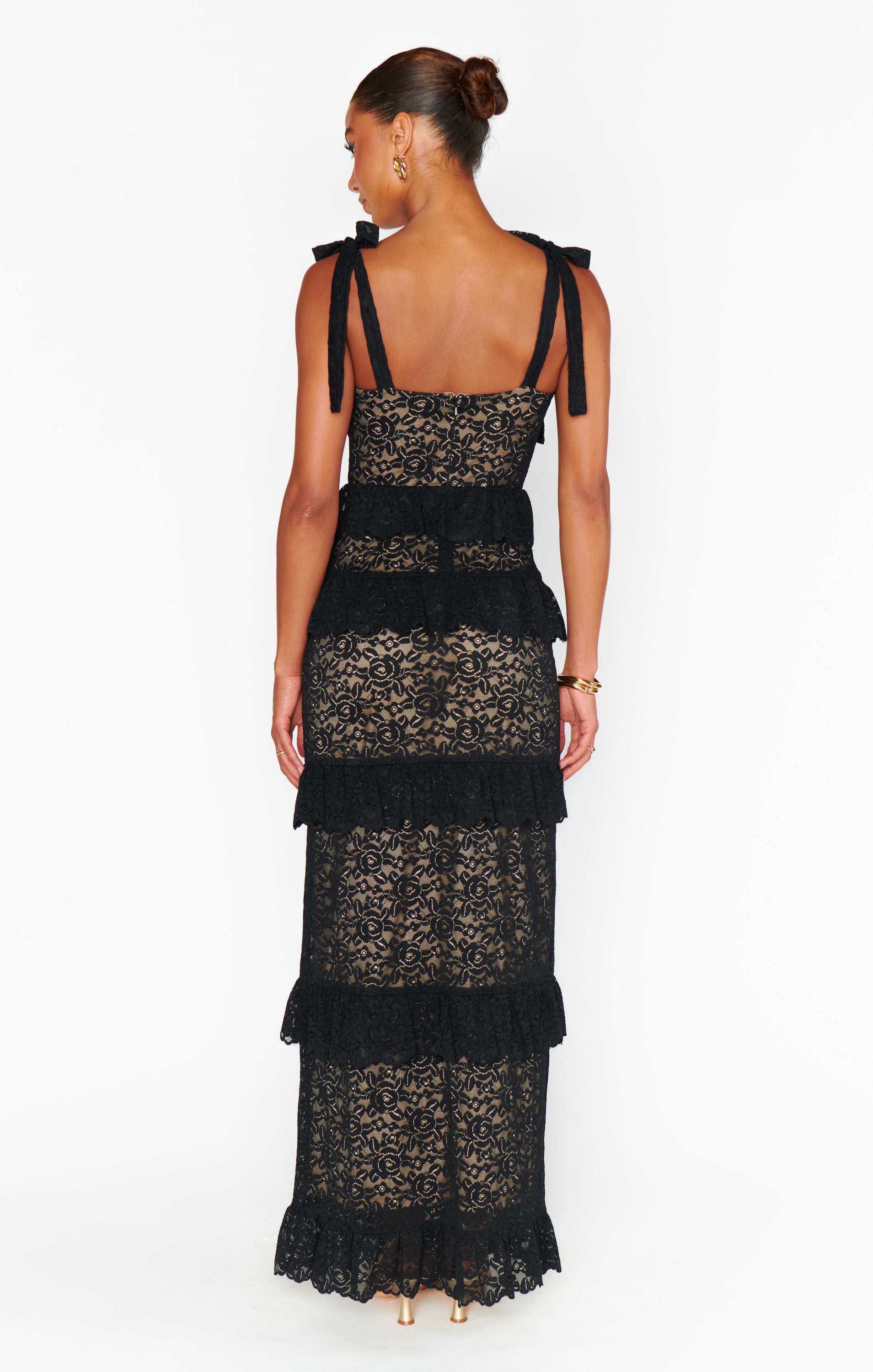 Lace Maxi Dress with Tied Straps & Tiered Ruffle Skirt | Monique