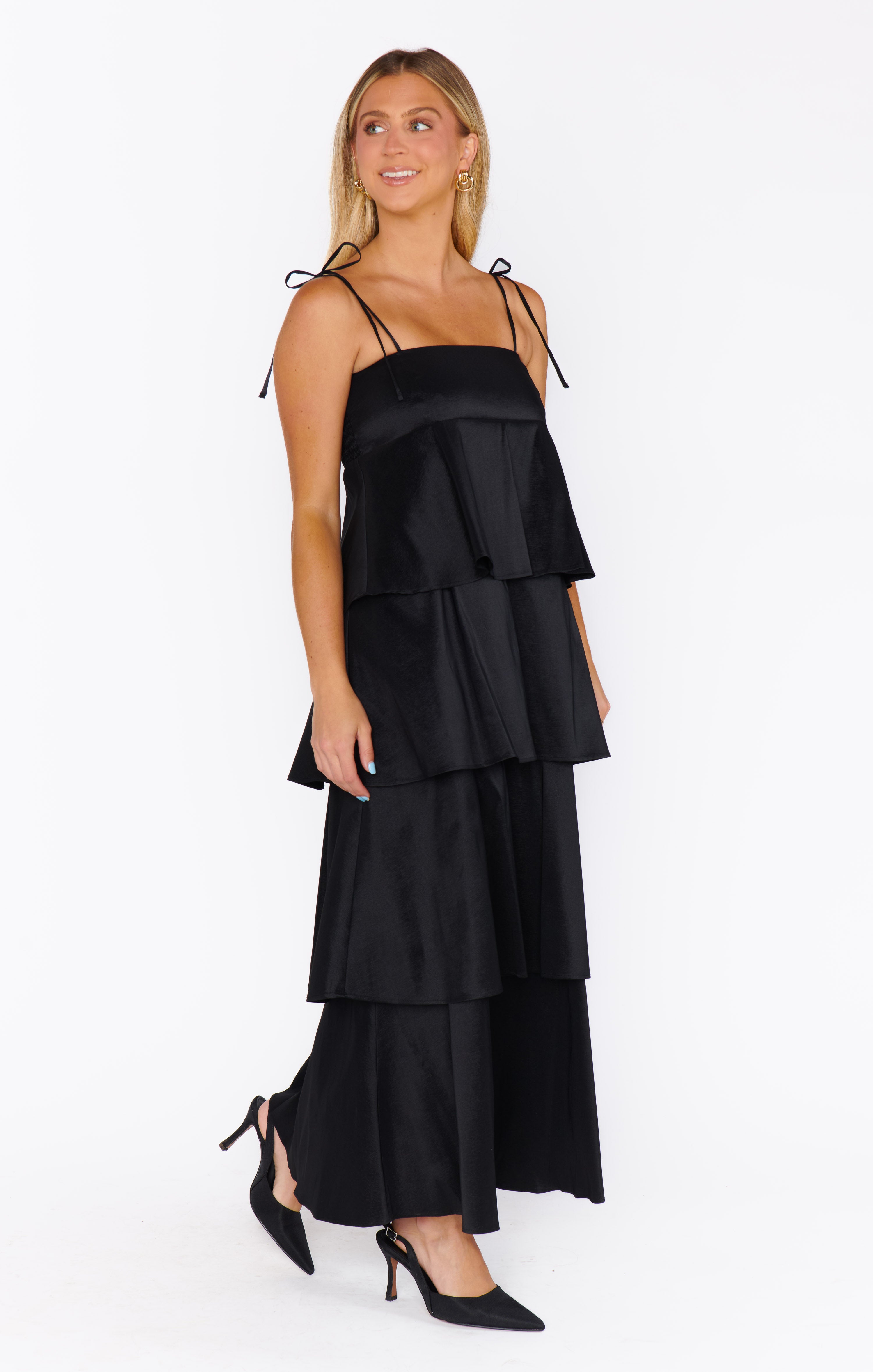 Black Taffeta Midi Dress with Ruffles & Adjustable Straps | Meet Cute