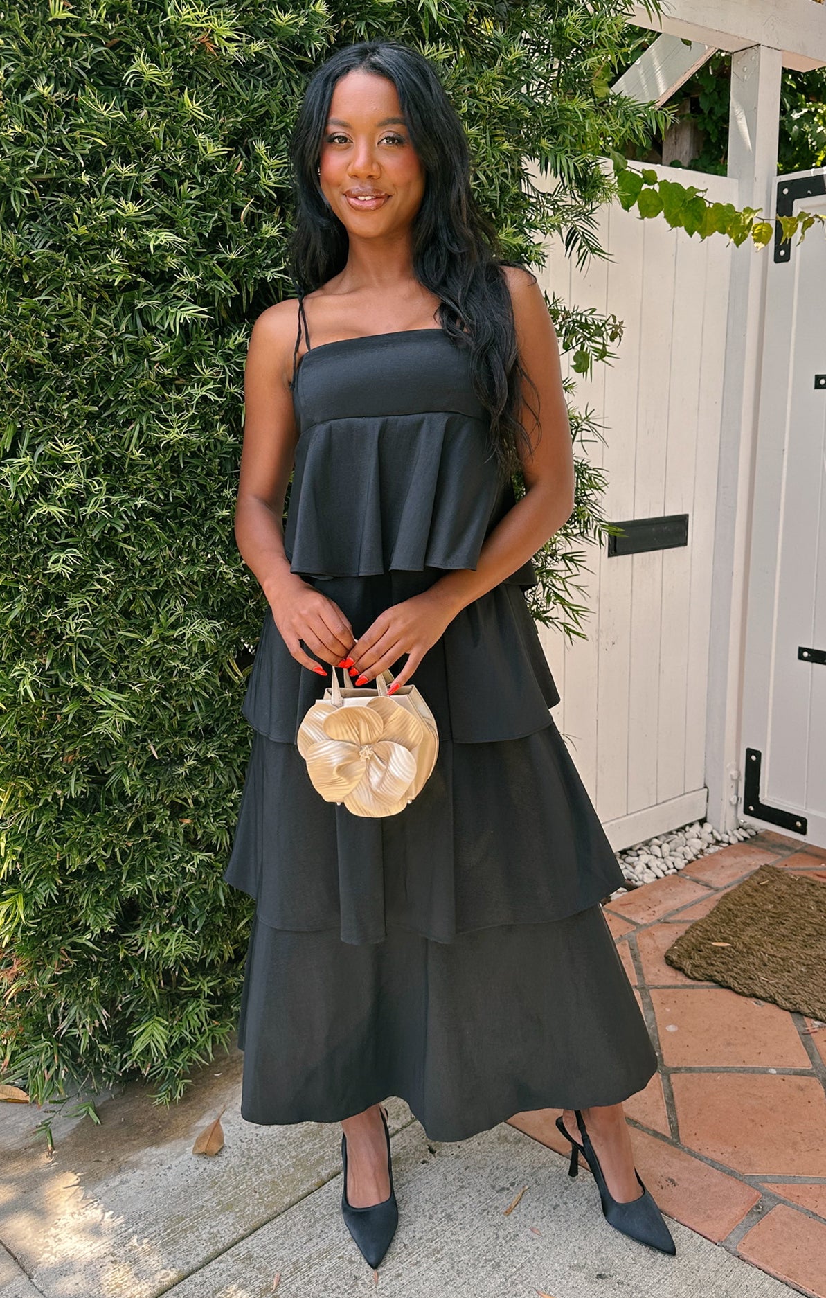 Black Taffeta Midi Dress with Ruffles & Adjustable Straps | Meet Cute