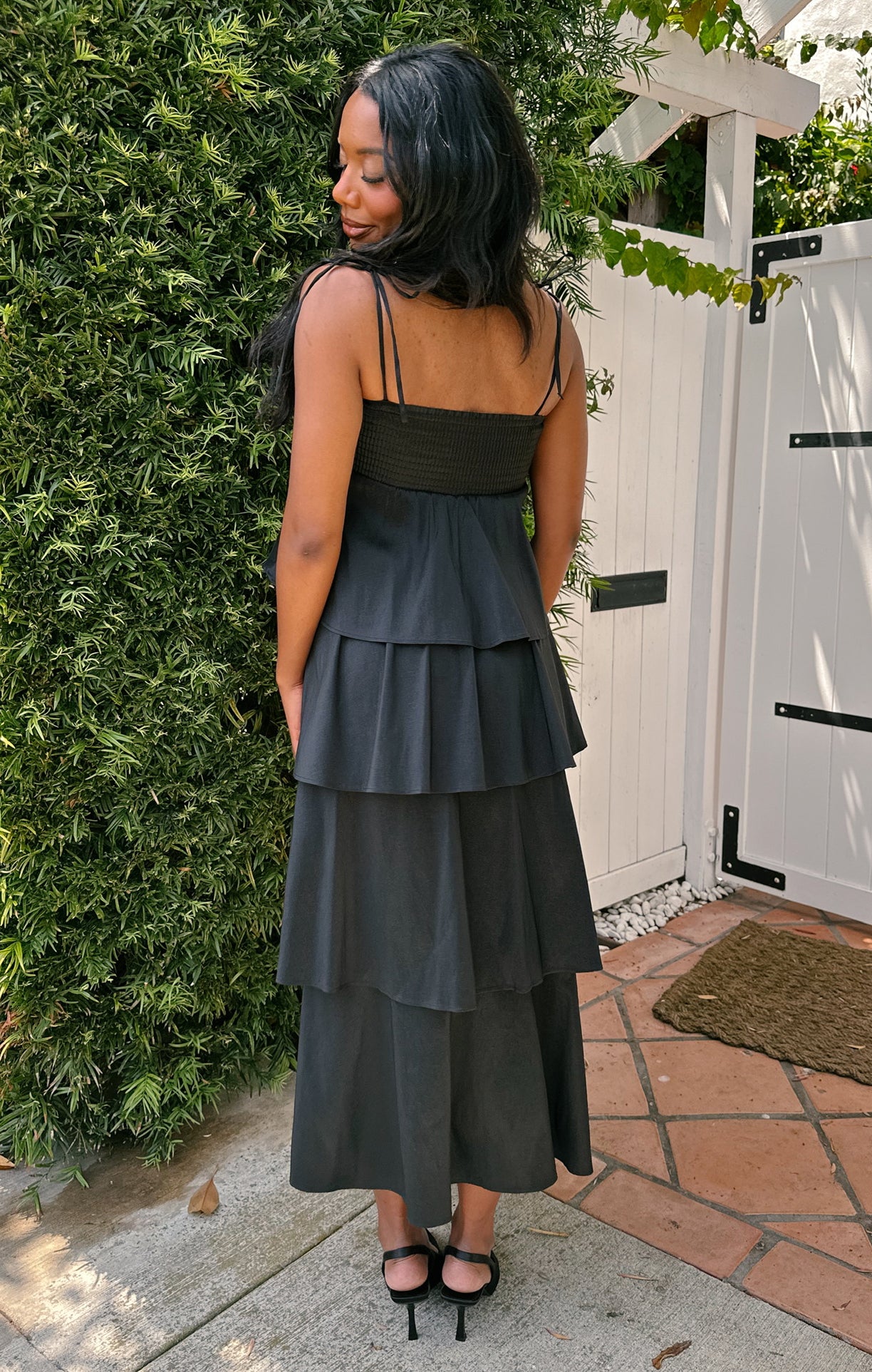 Black Taffeta Midi Dress with Ruffles & Adjustable Straps | Meet Cute
