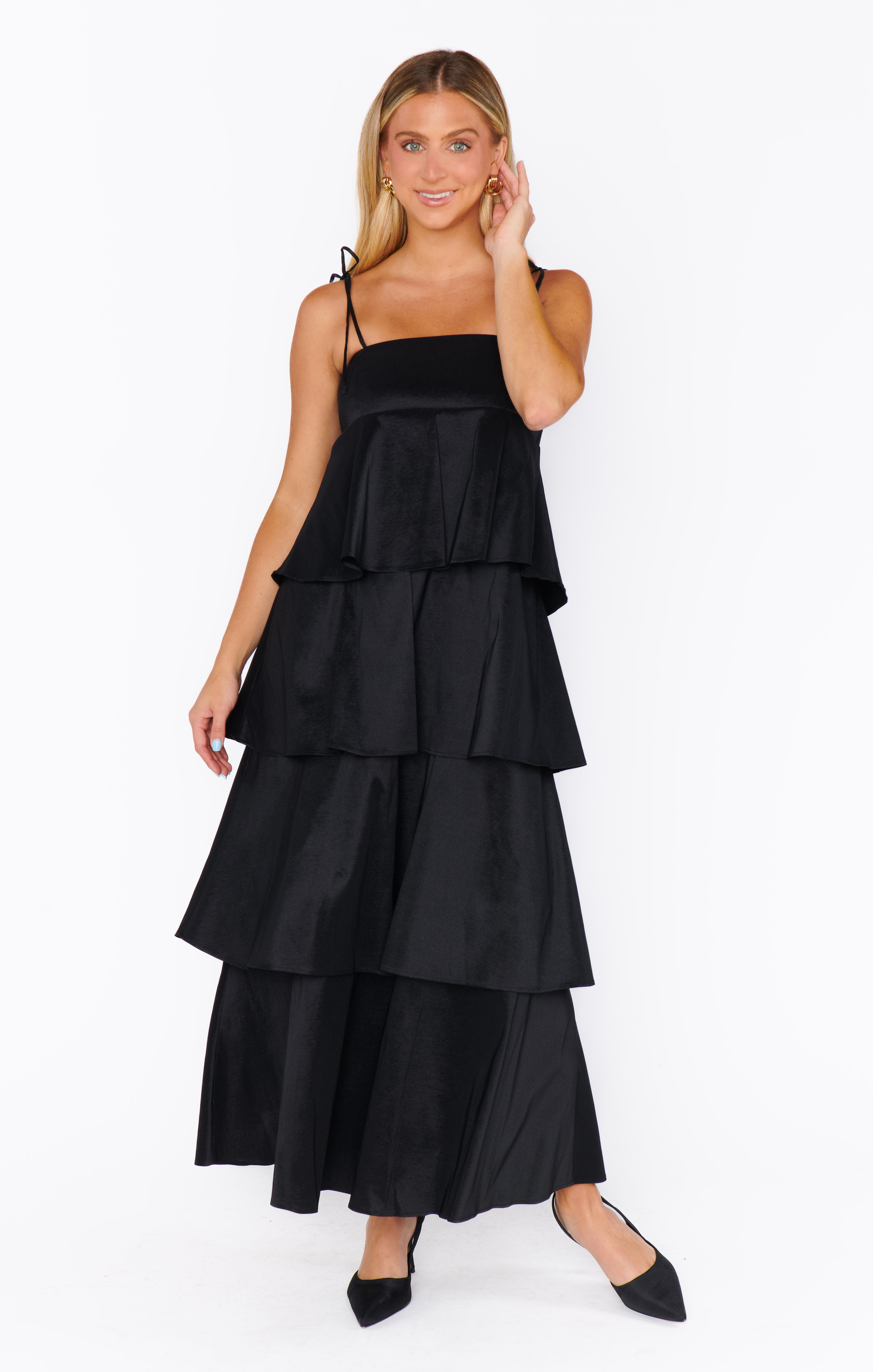 Black Taffeta Midi Dress with Ruffles & Adjustable Straps | Meet Cute