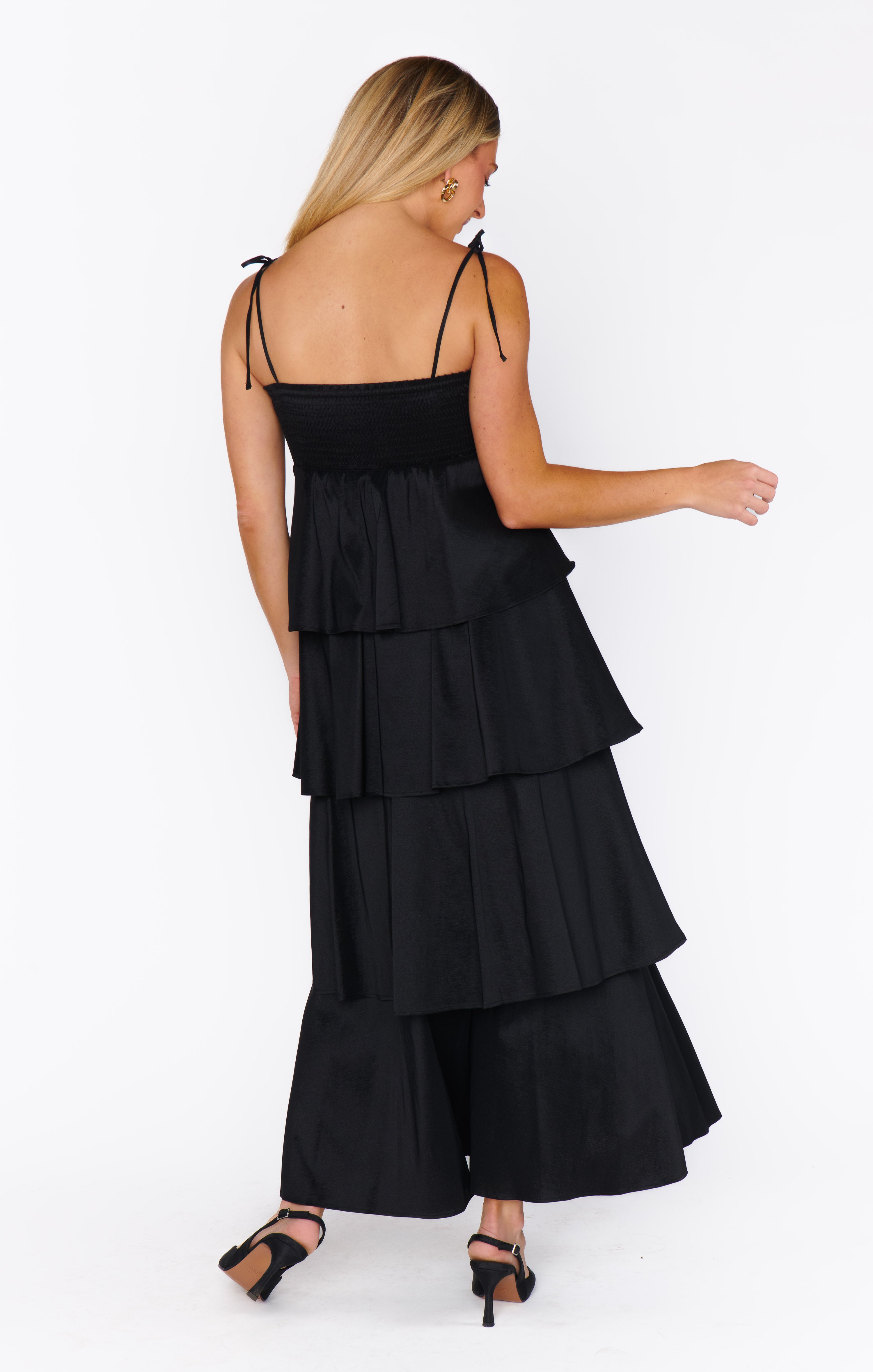 Black Taffeta Midi Dress with Ruffles & Adjustable Straps | Meet Cute
