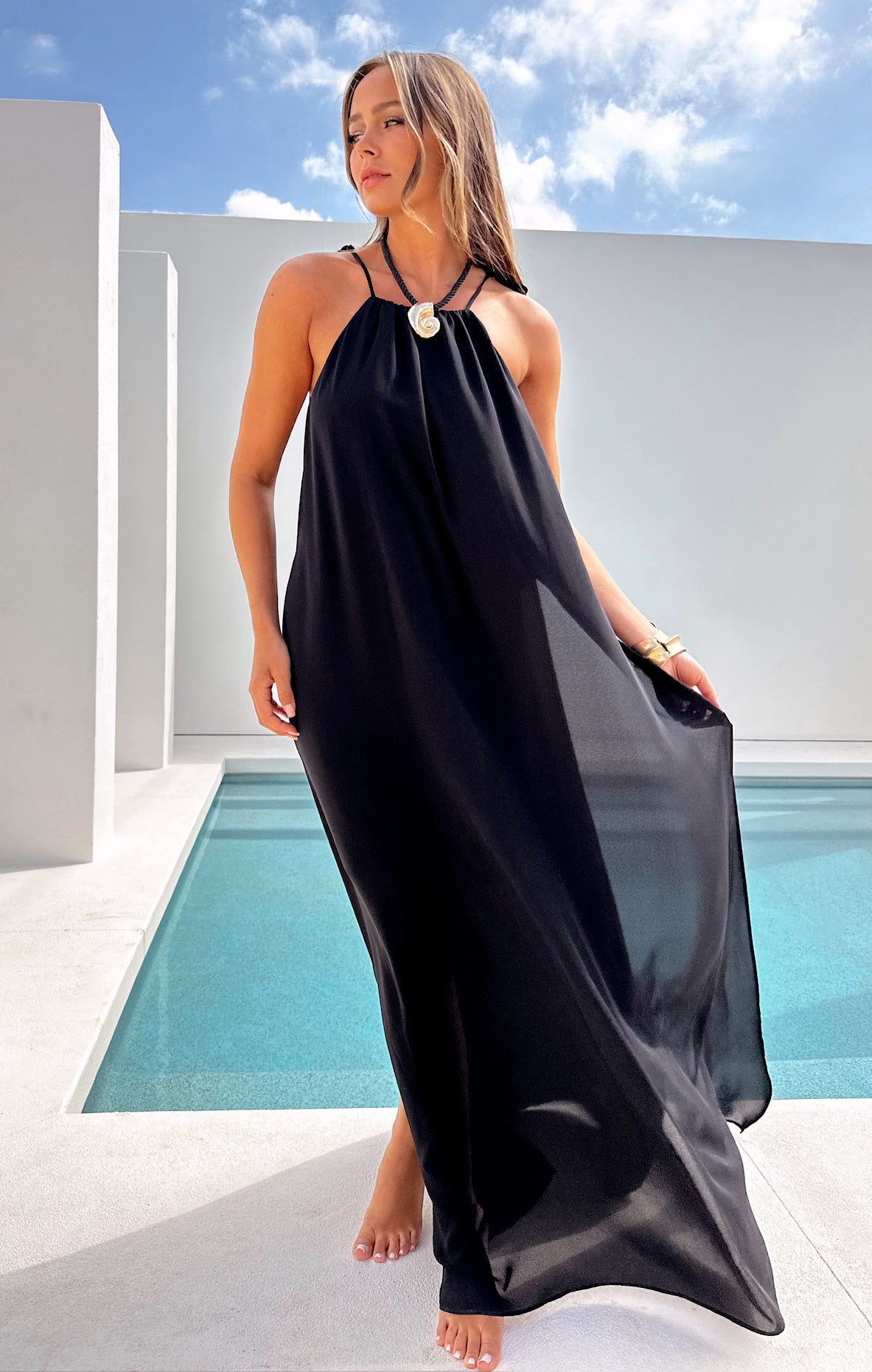 Boho Maxi Dress with High Slits & Tassel Straps | Rochester Black