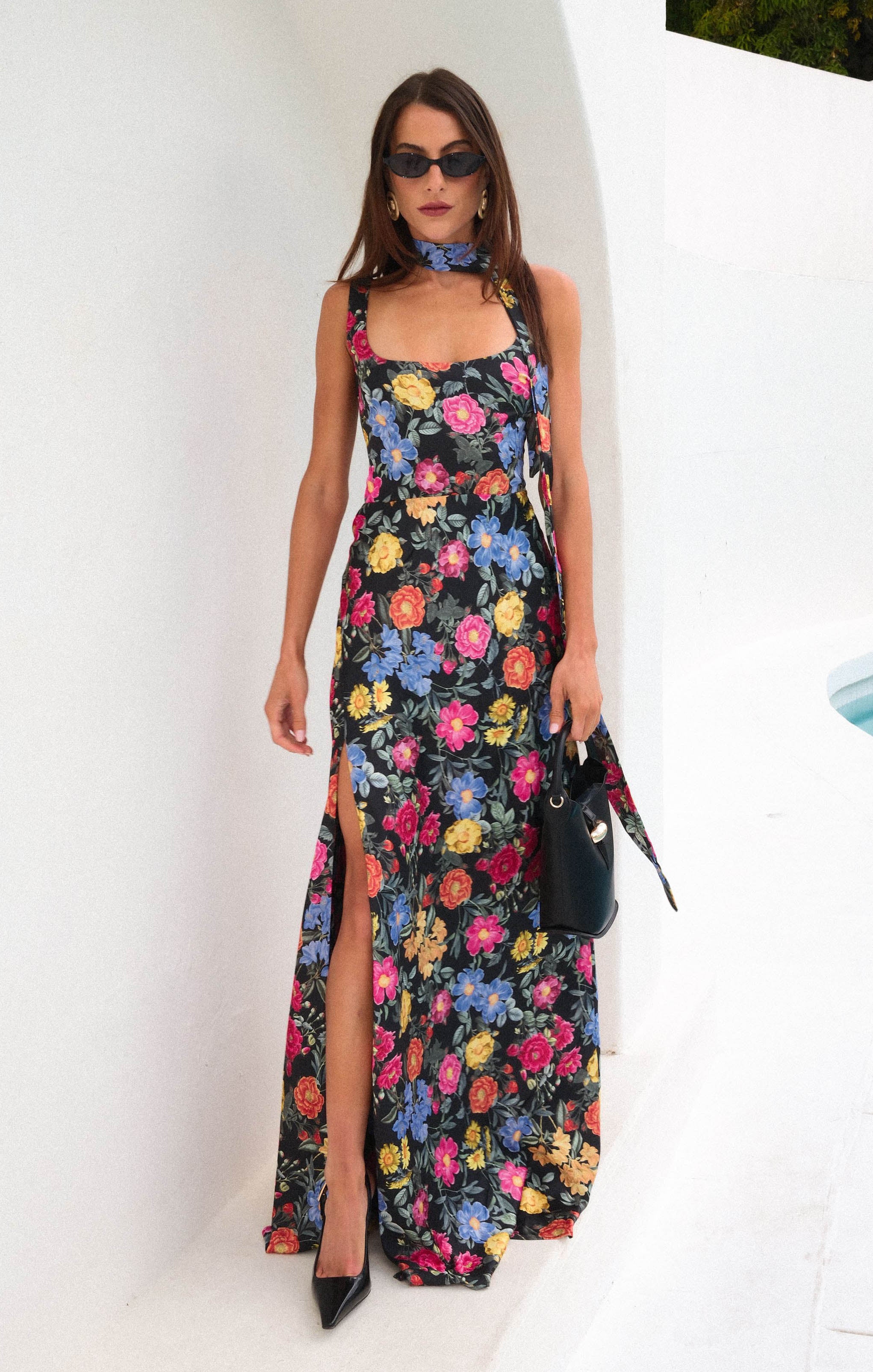 Luxury Satin Maxi Dress with Detachable Sash | Charm Peony Black