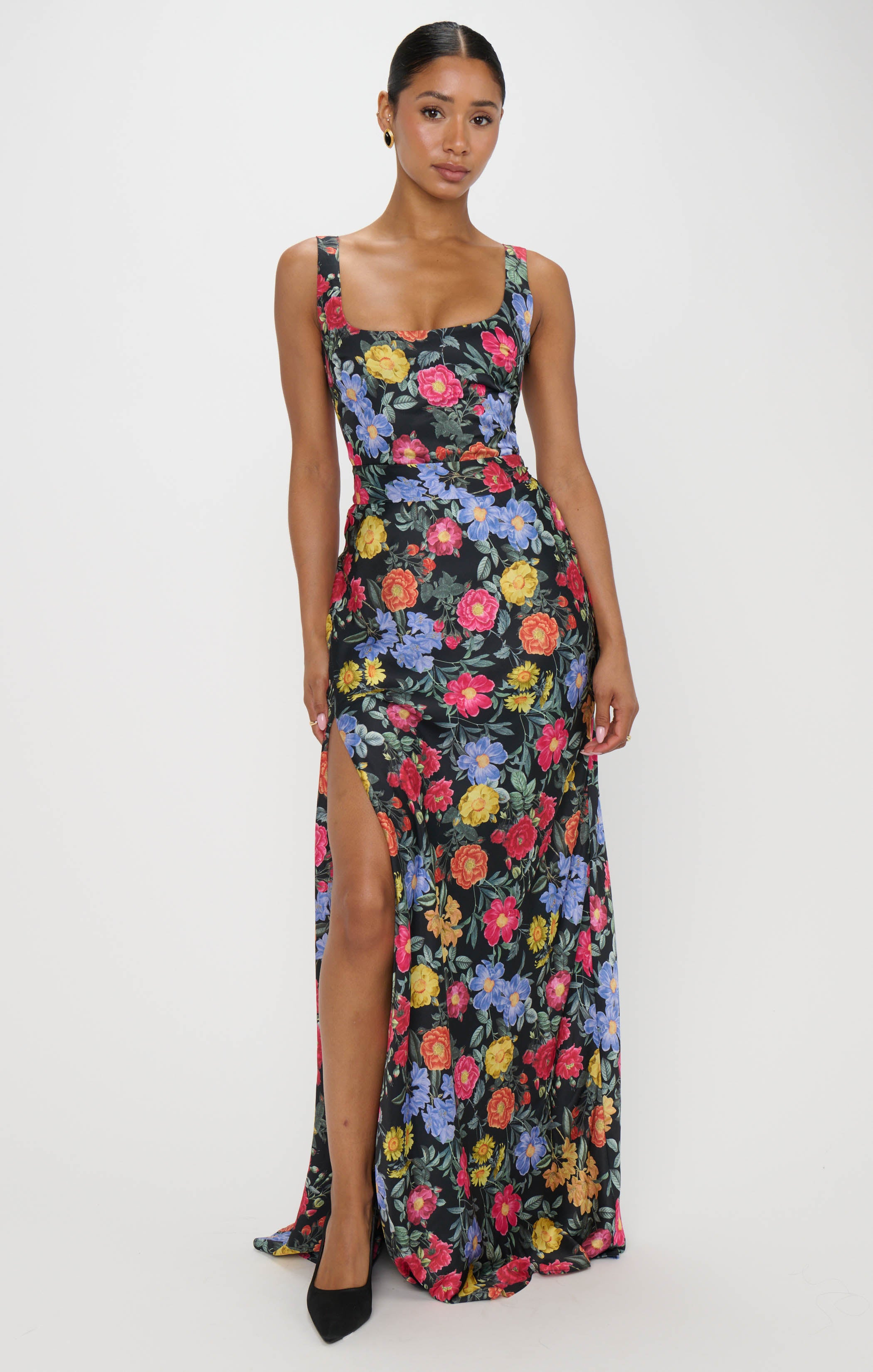 Luxury Satin Maxi Dress with Detachable Sash | Charm Peony Black