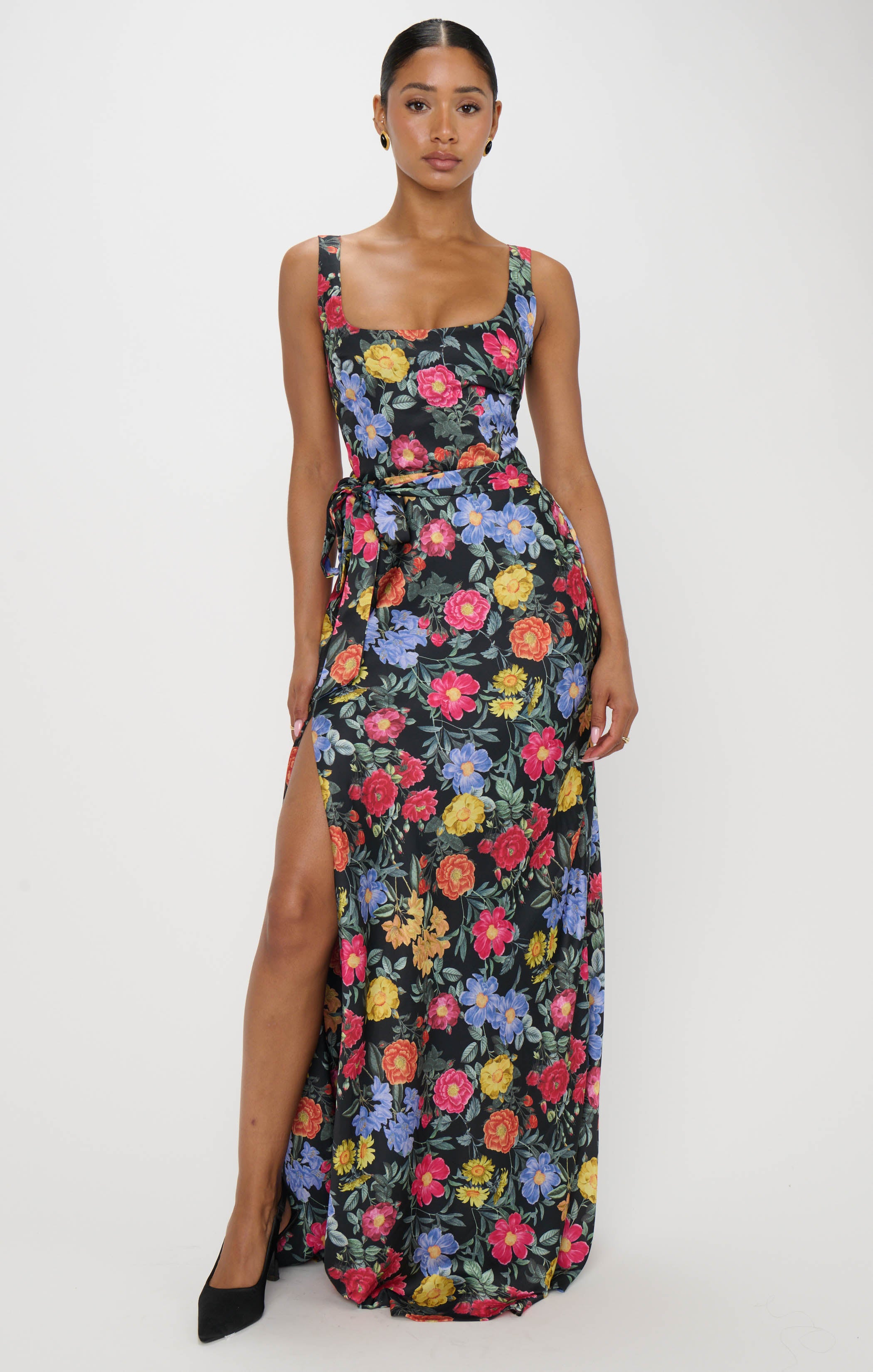 Luxury Satin Maxi Dress with Detachable Sash | Charm Peony Black