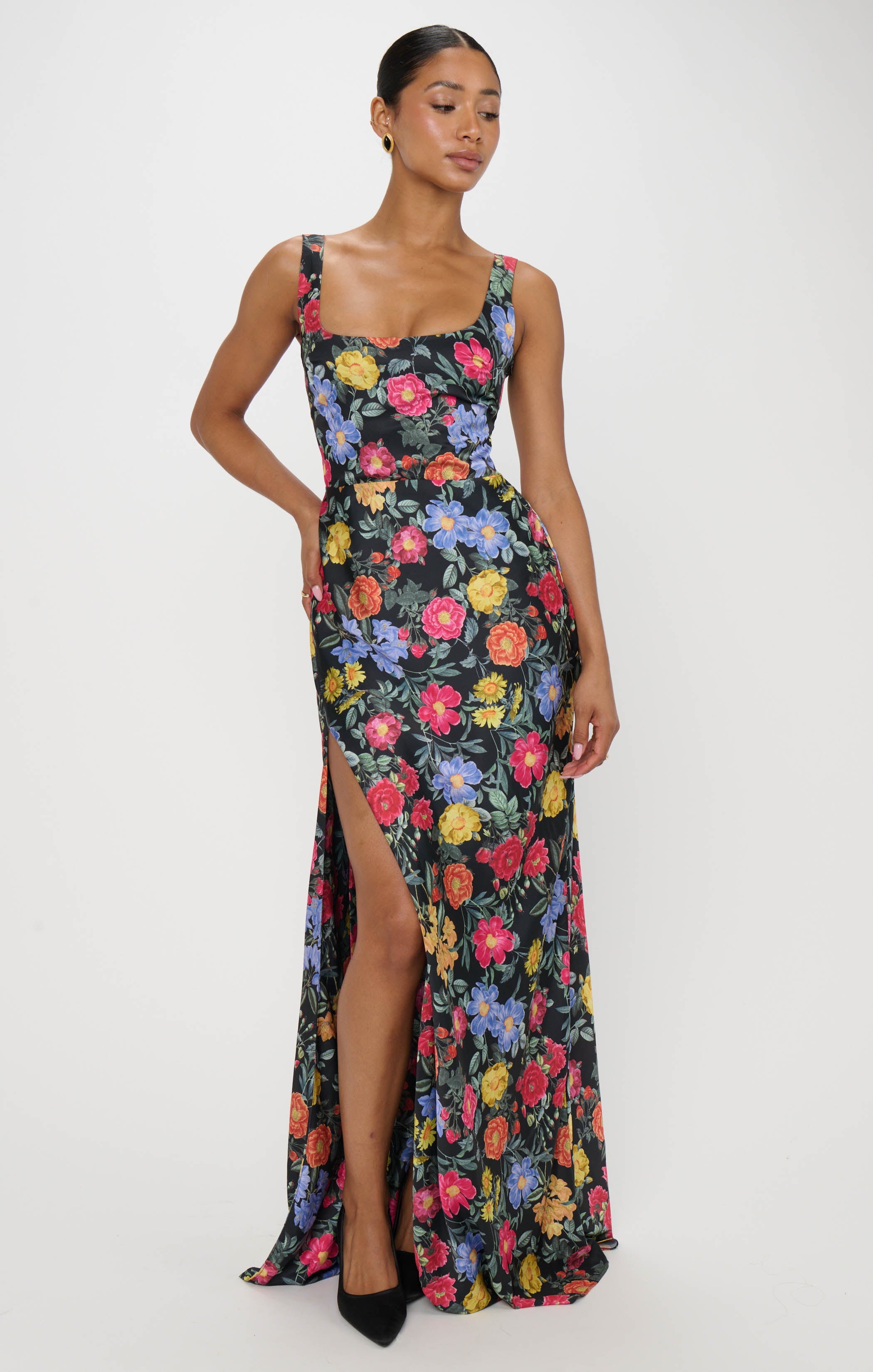 Luxury Satin Maxi Dress with Detachable Sash | Charm Peony Black