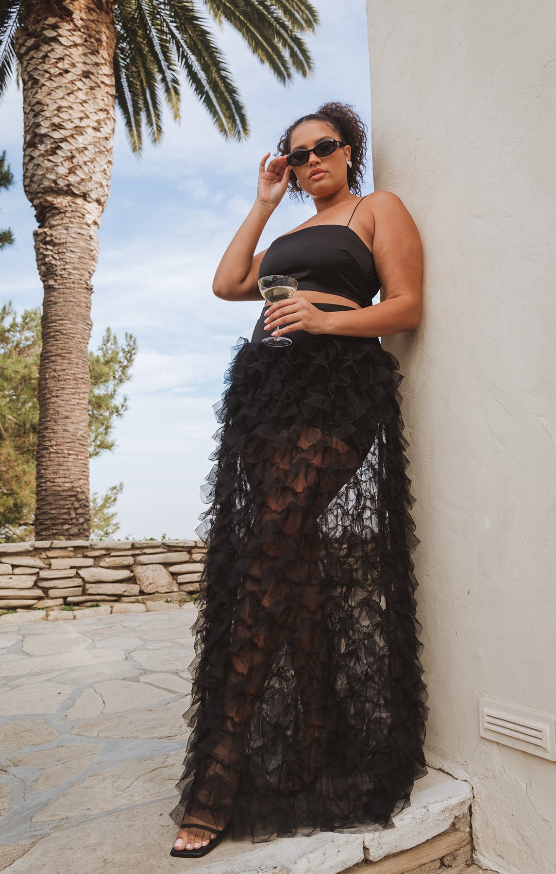 Black Ruffle Tulle Skirt with Tiered Maxi Hem | Meet Me at Midnight
