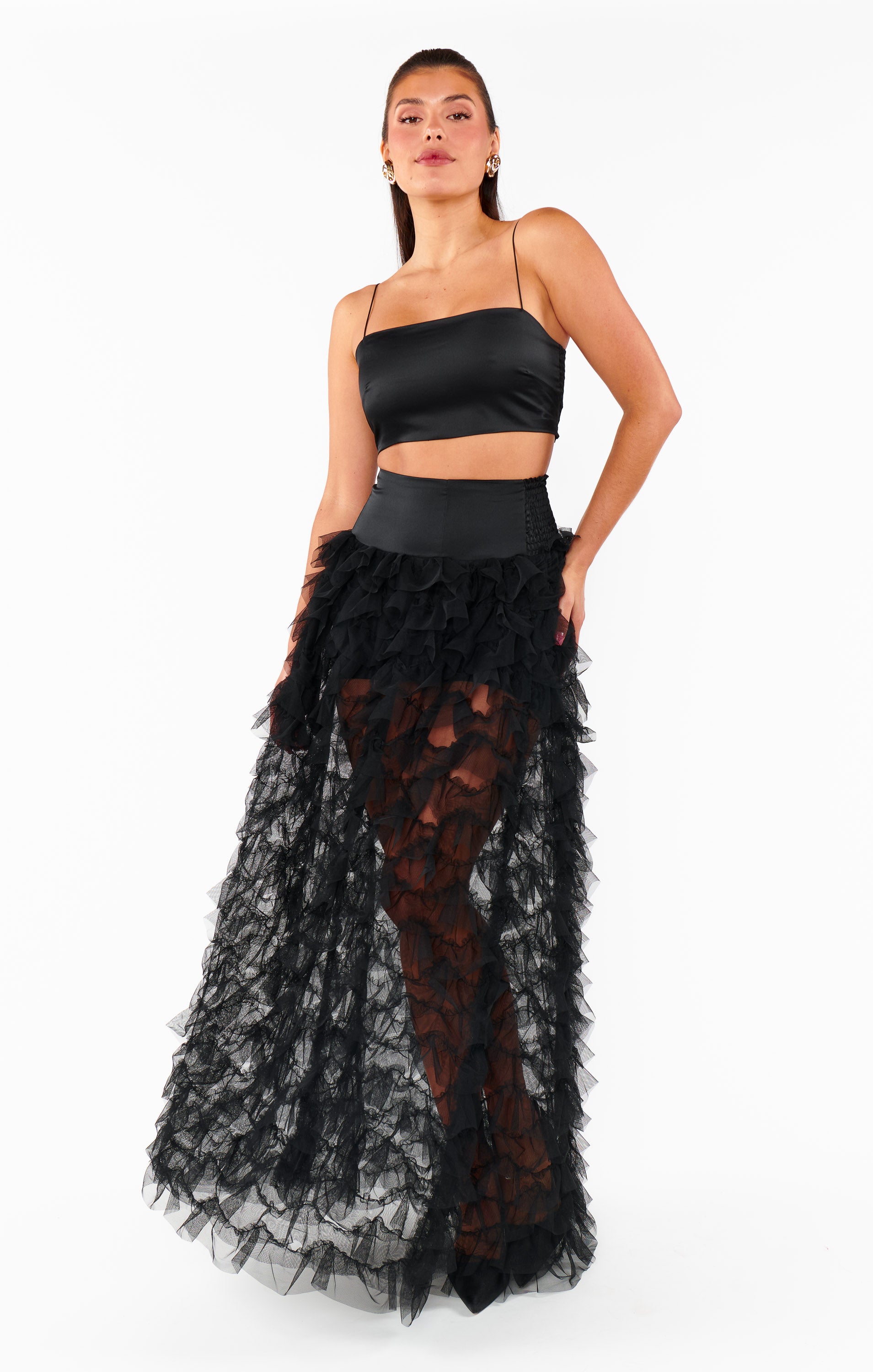 Black Ruffle Tulle Skirt with Tiered Maxi Hem | Meet Me at Midnight