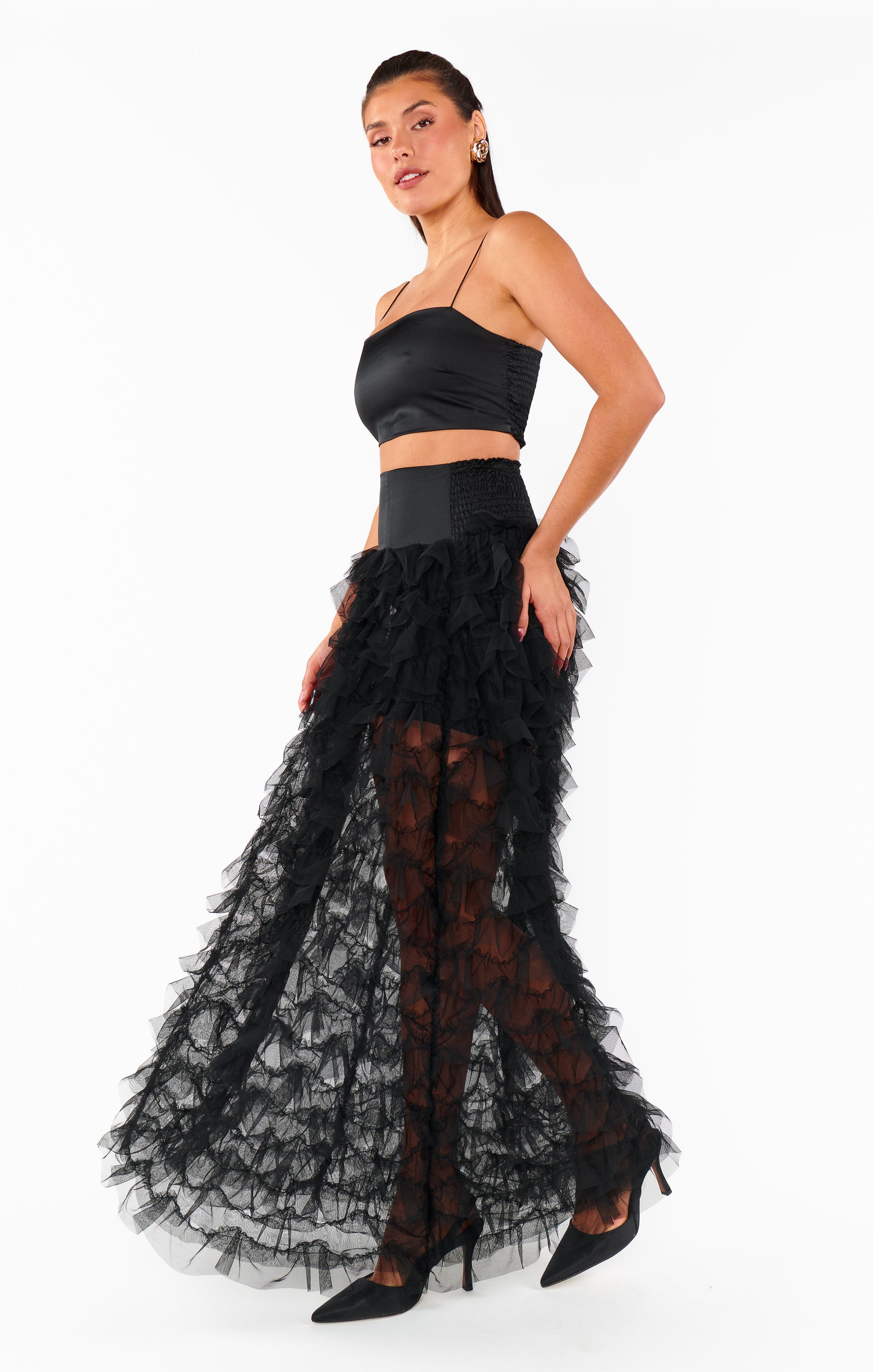 Black Ruffle Tulle Skirt with Tiered Maxi Hem | Meet Me at Midnight