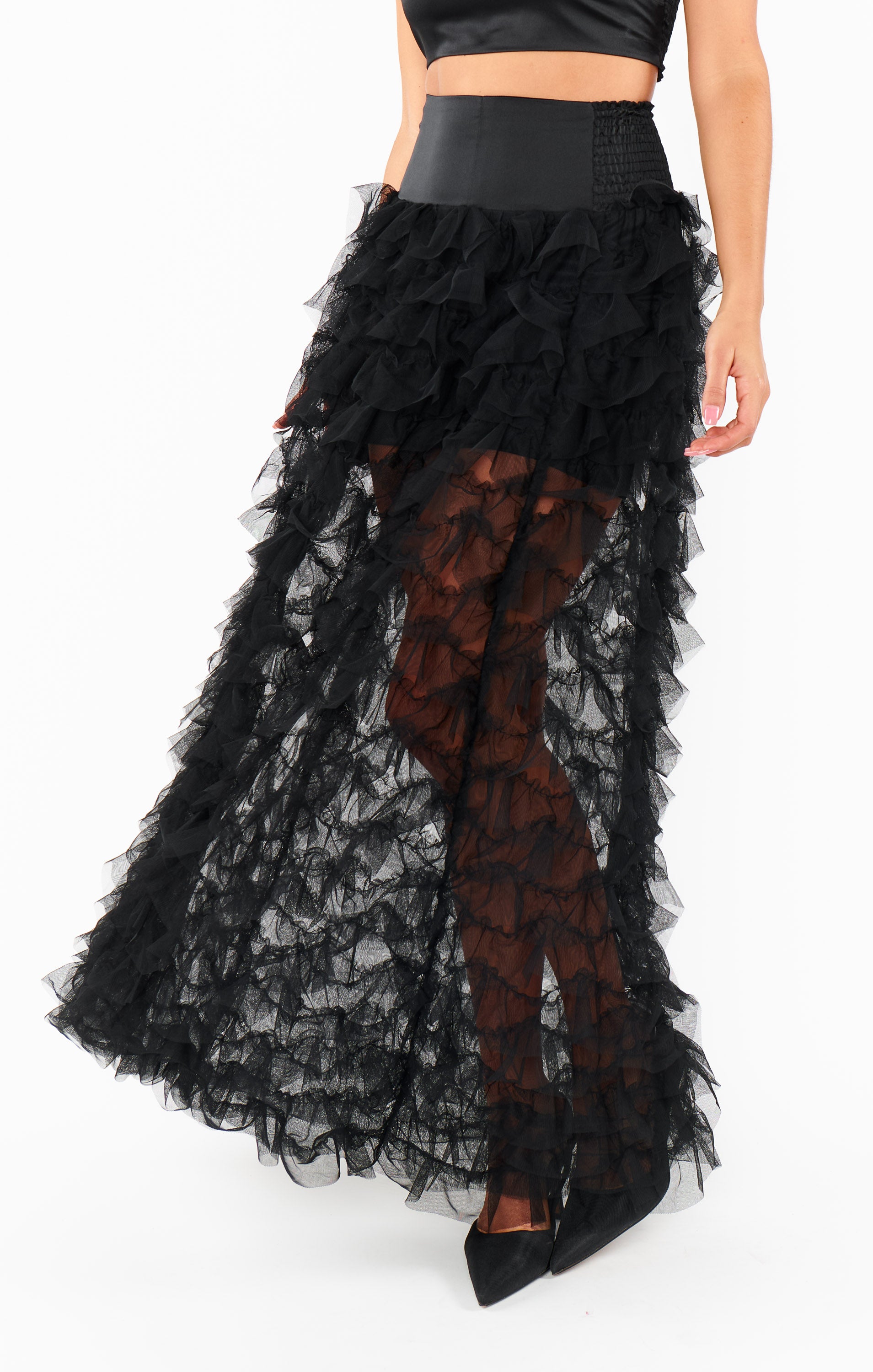 Black Ruffle Tulle Skirt with Tiered Maxi Hem | Meet Me at Midnight
