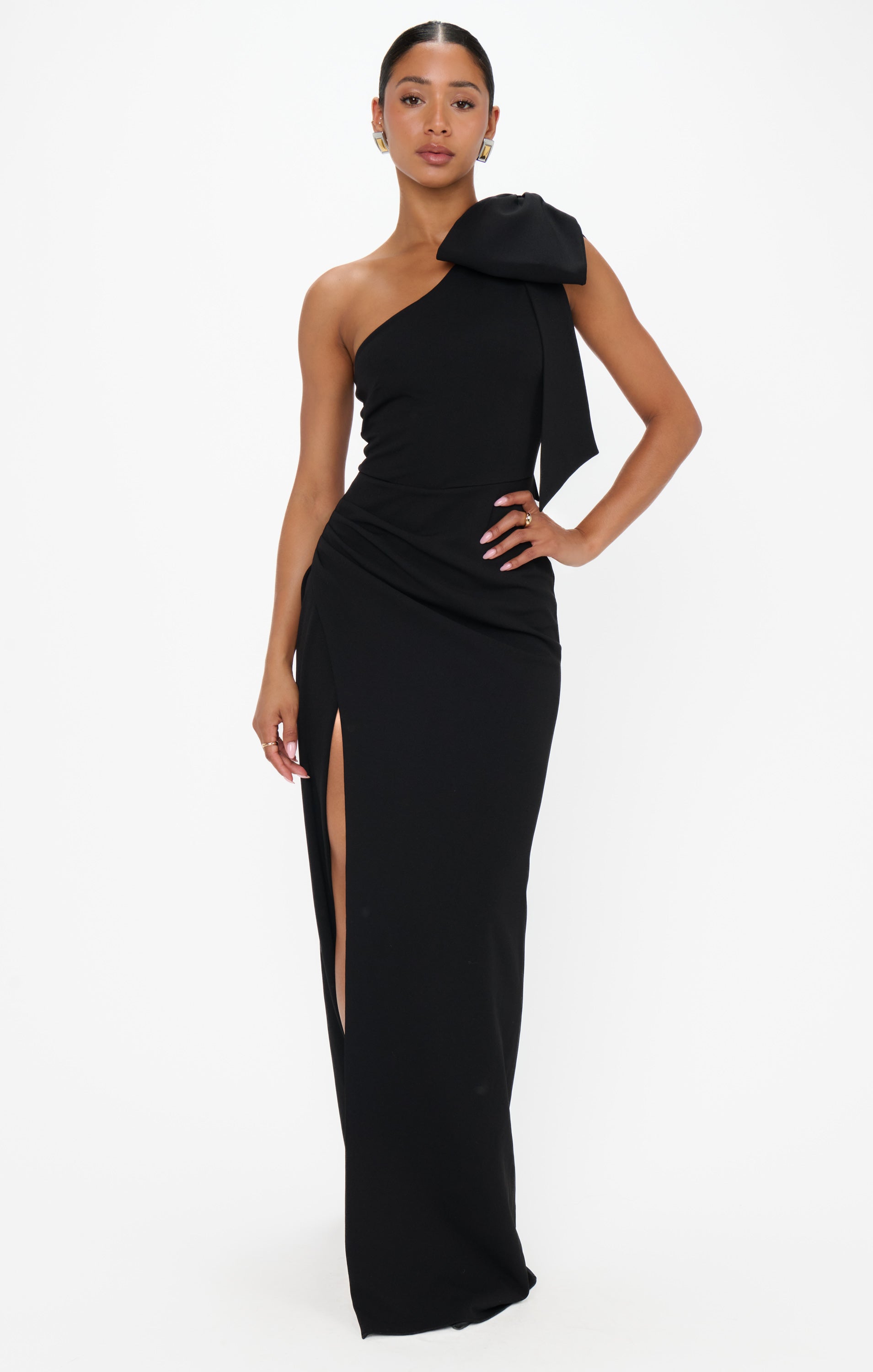 Black One-Shoulder Bow Dress with Sculpting Stretch | Bliss Bow