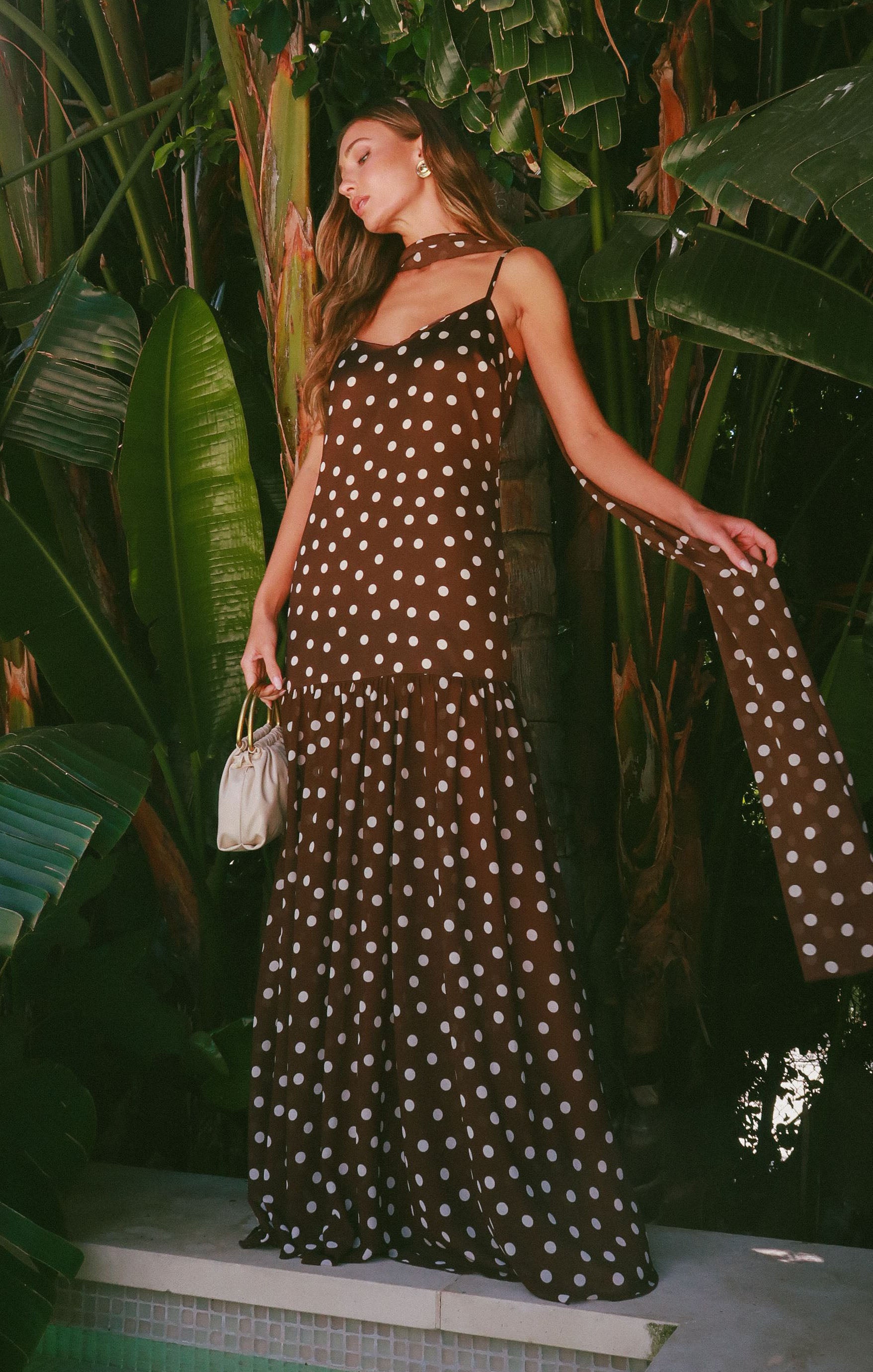 Chocolate Brown Polka Dot Maxi Dress with Scarf | Dalia