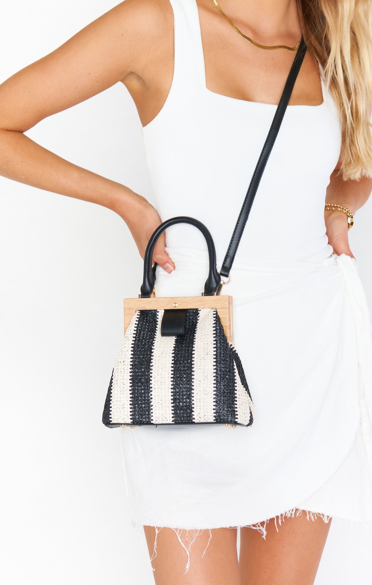 Chic Stripe Woven Handbag with Wooden Detail | Saskia Bag