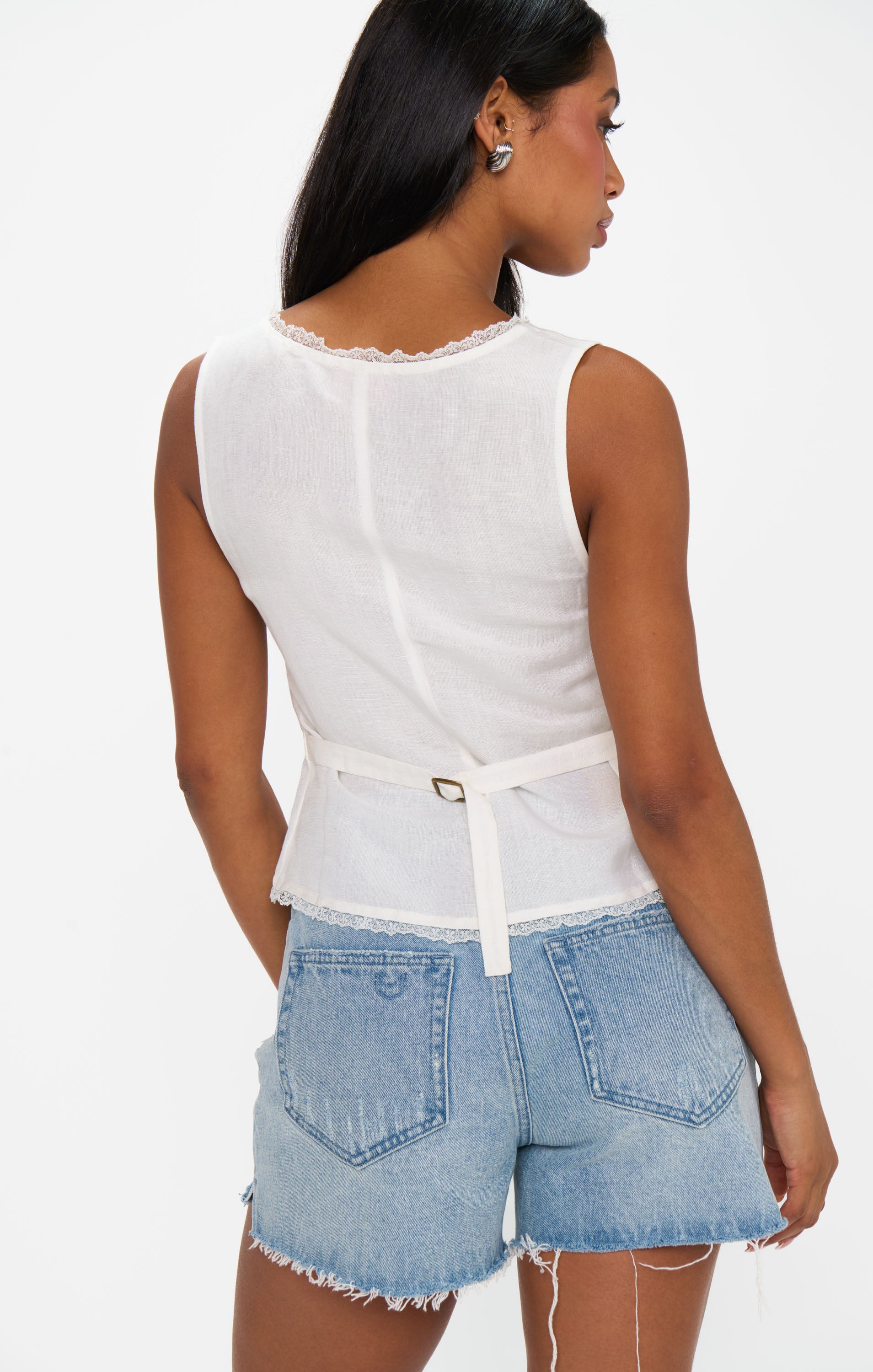 White Linen Tank Top with Lace Trim & Adjustable Tie | Mimi