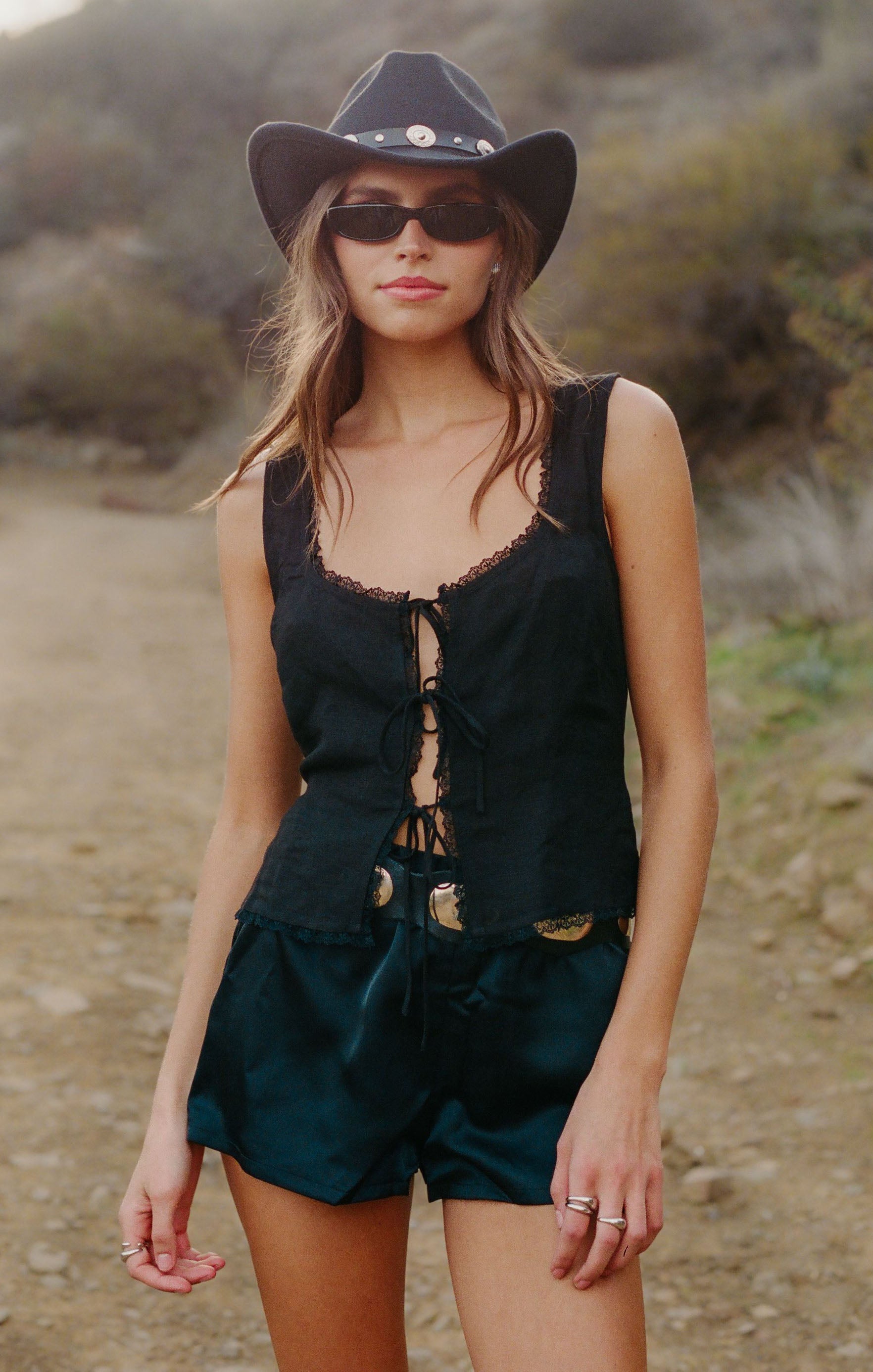 Black Linen Tank Top with Lace Trim & Adjustable Tie | Mimi