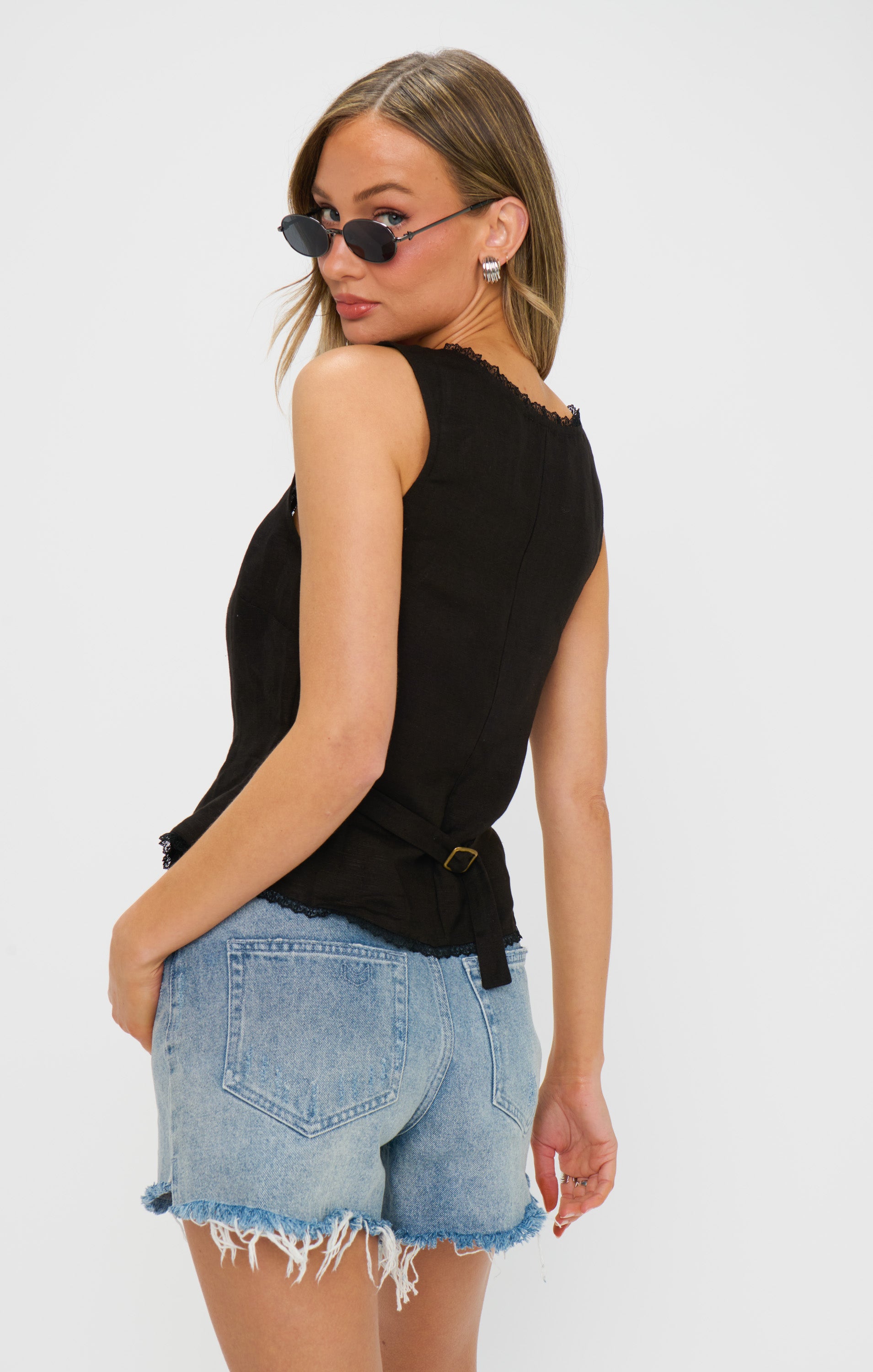 Black Linen Tank Top with Lace Trim & Adjustable Tie | Mimi