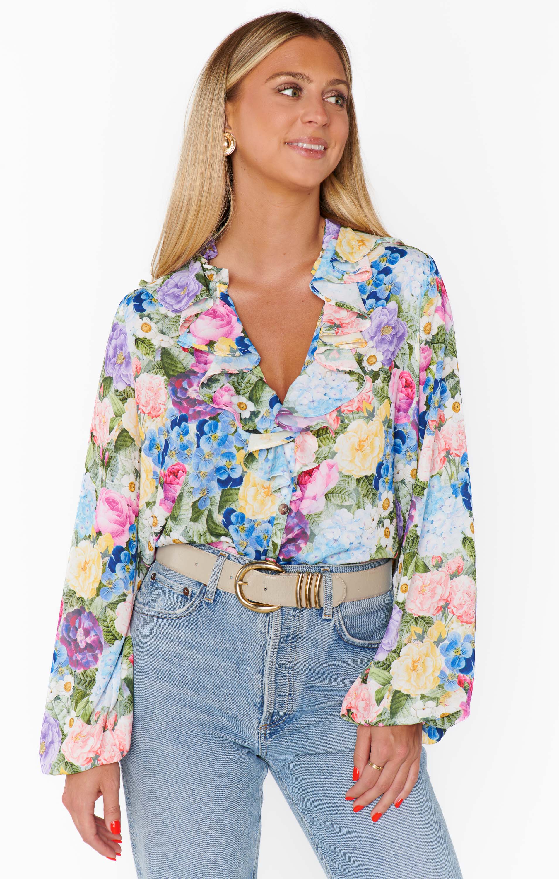 Floral Ruffle Blouse with Relaxed Fit & Button Down | Suki Top