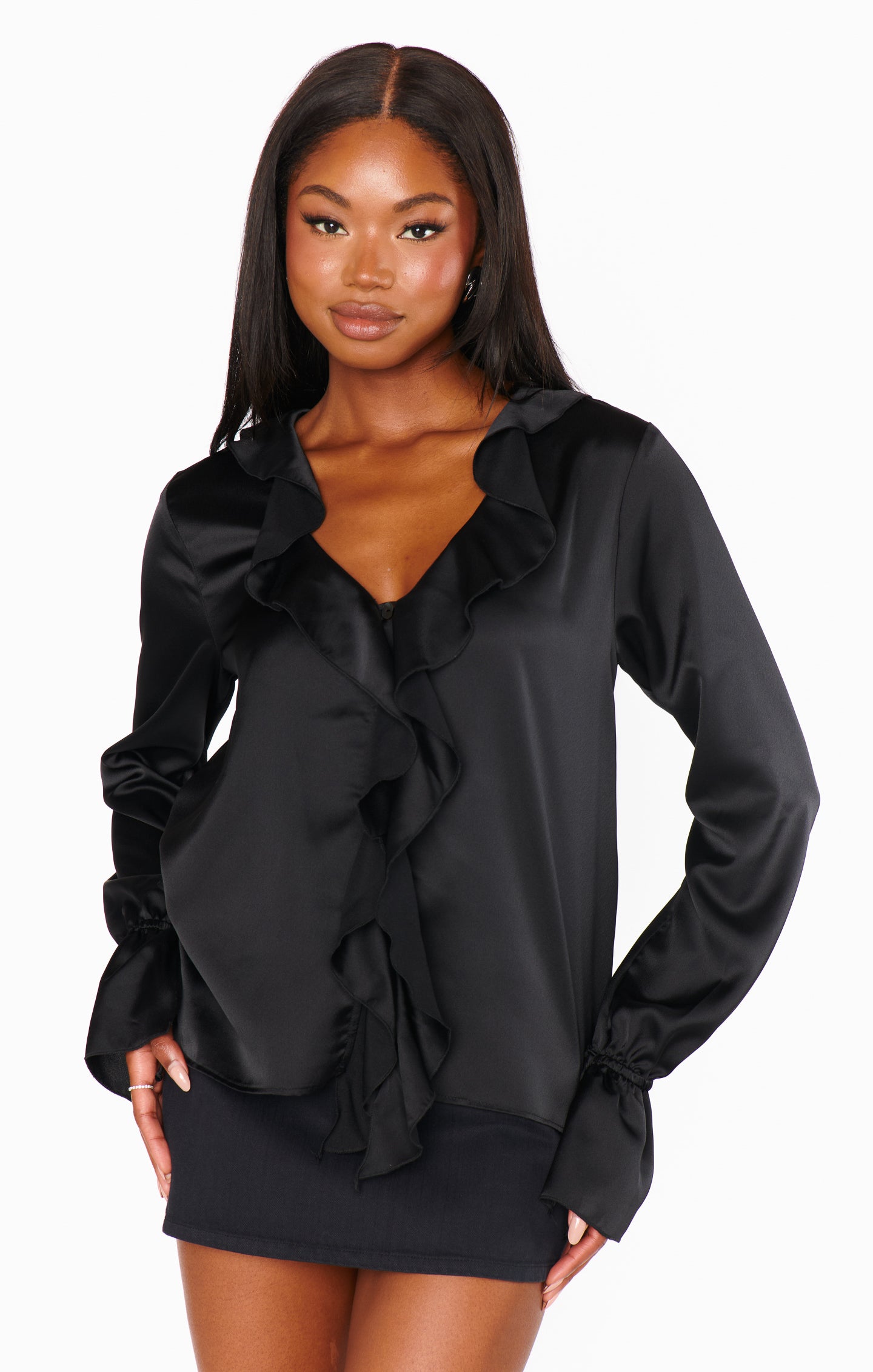 Long Sleeve Ruffle Blouse with Front Ties | Adela Black Luxe Satin