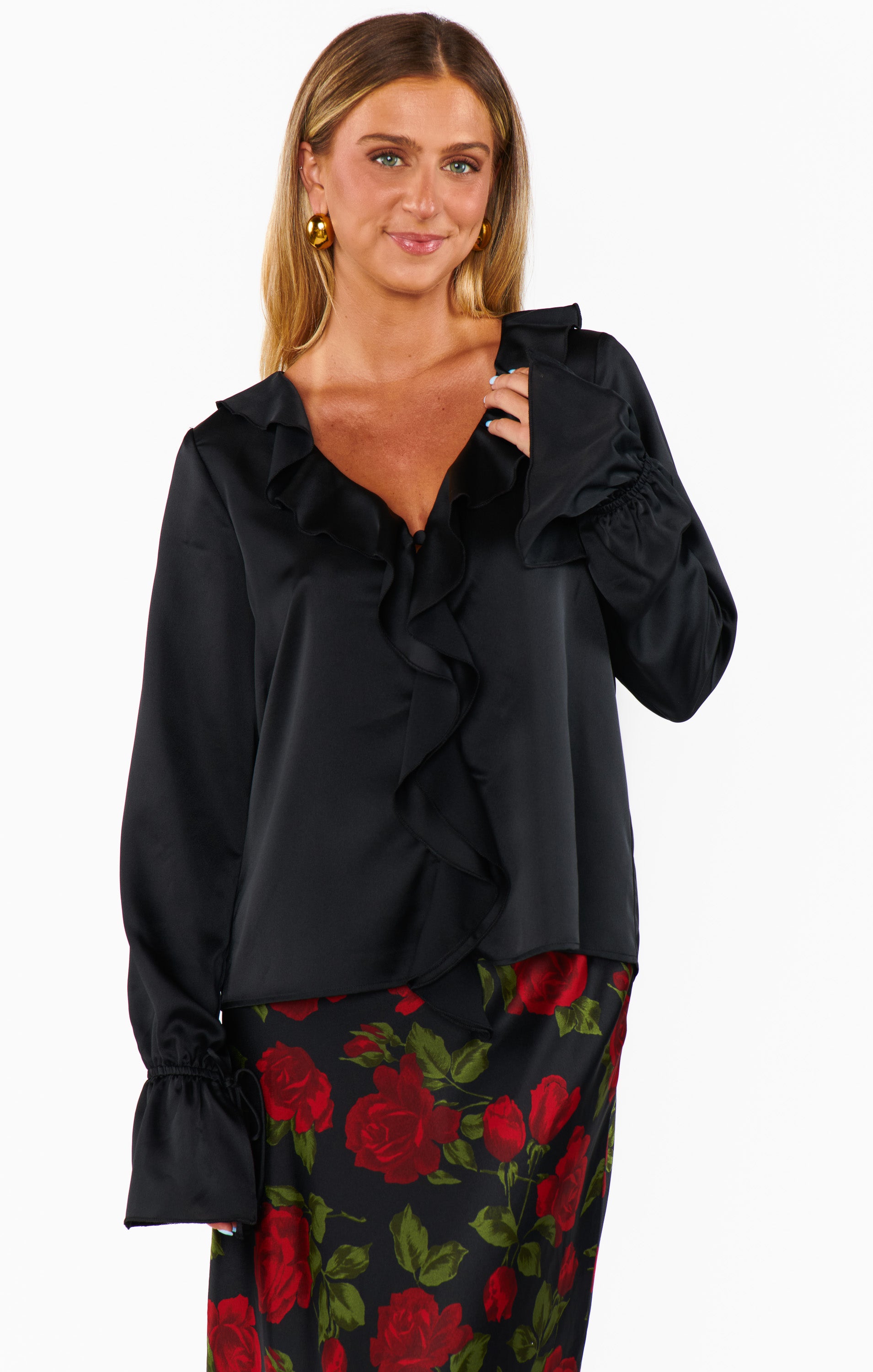 Long Sleeve Ruffle Blouse with Front Ties | Adela Black Luxe Satin
