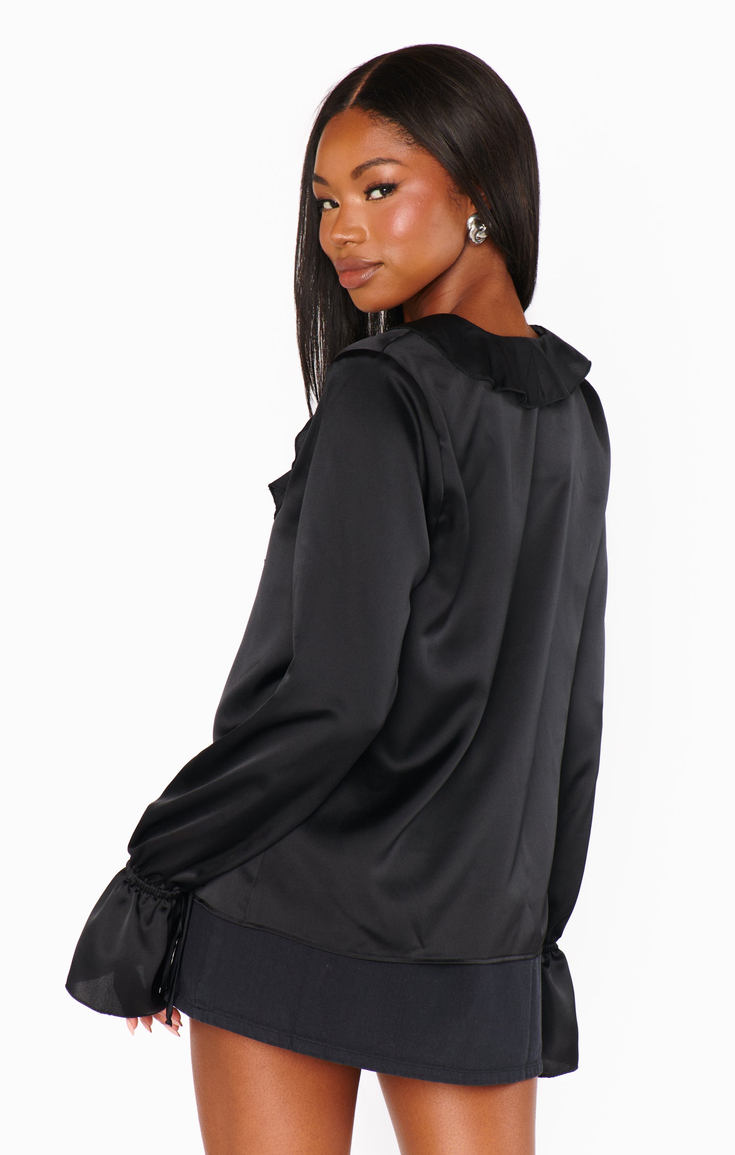 Long Sleeve Ruffle Blouse with Front Ties | Adela Black Luxe Satin