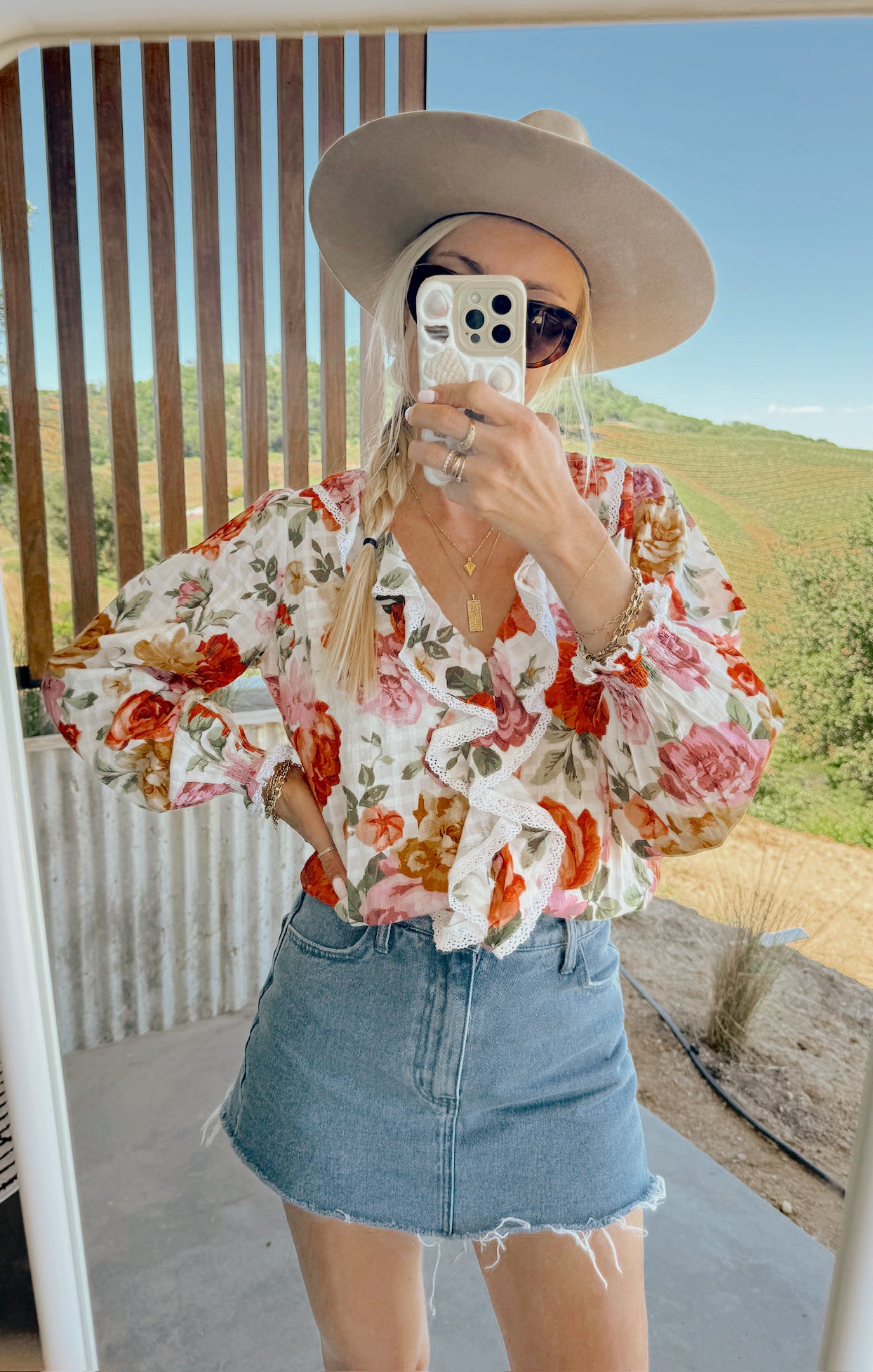 Floral Ruffle Blouse with Relaxed Fit | Lydia Ivory Hillside