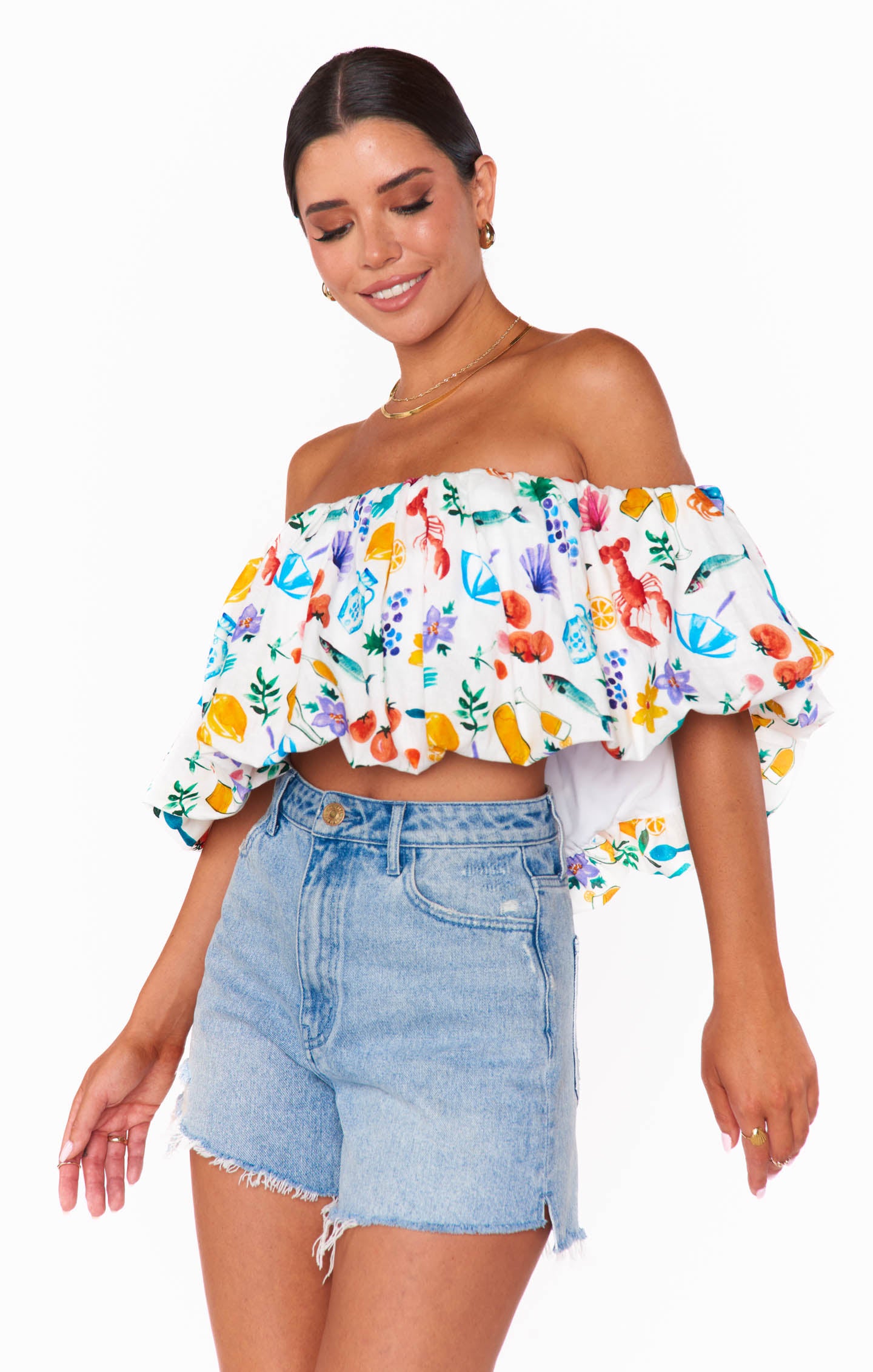 Off-Shoulder Linen Crop Top | Italian Picnic Print - Maria Top