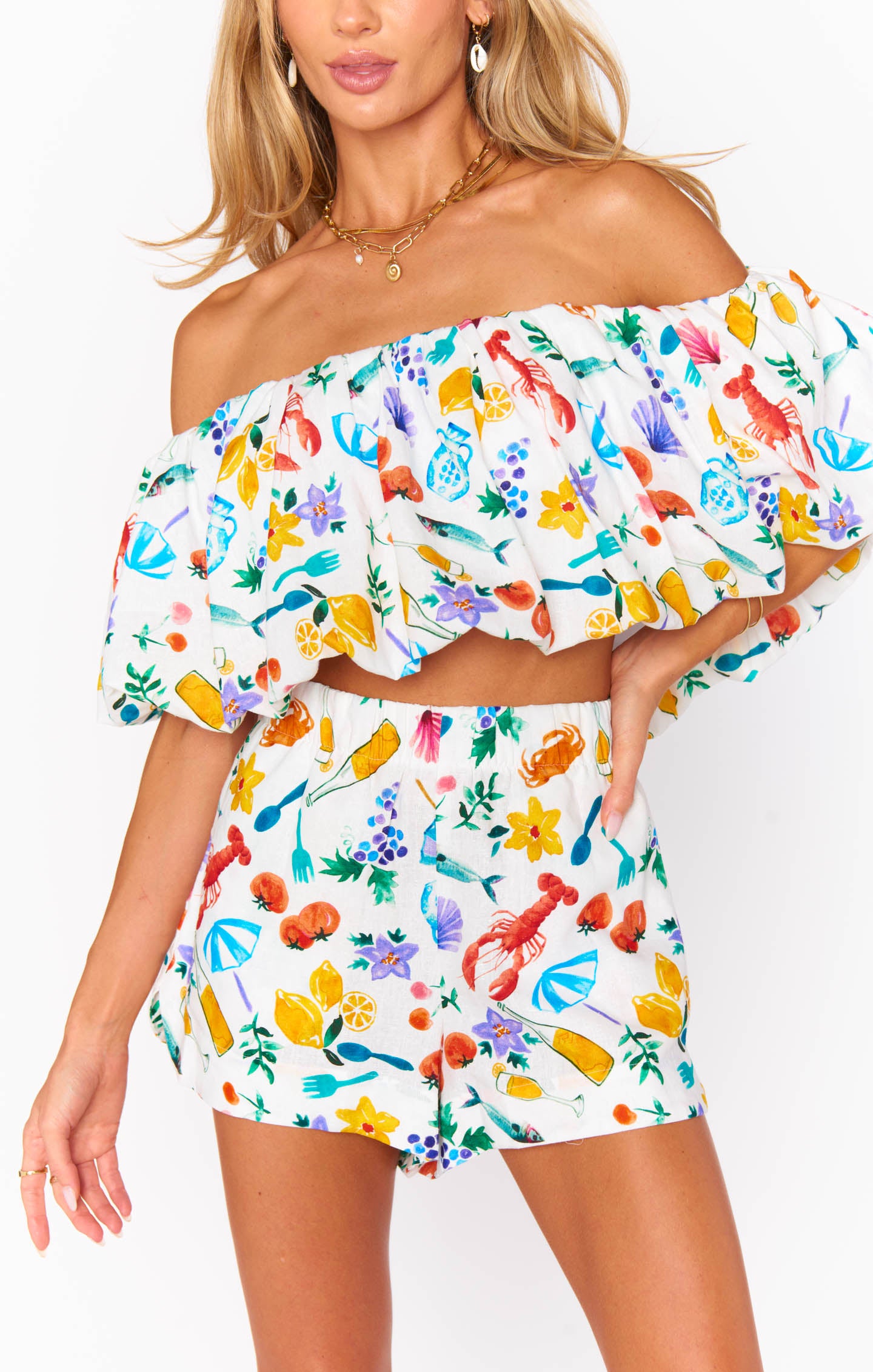 Off-Shoulder Linen Crop Top | Italian Picnic Print - Maria Top