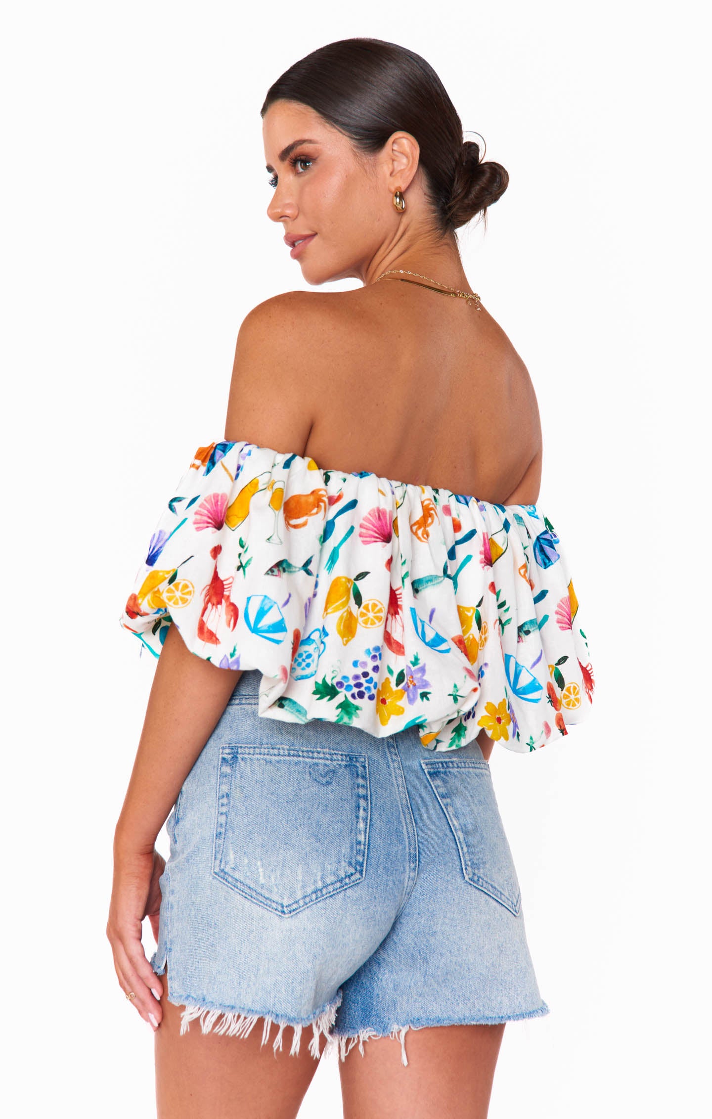 Off-Shoulder Linen Crop Top | Italian Picnic Print - Maria Top