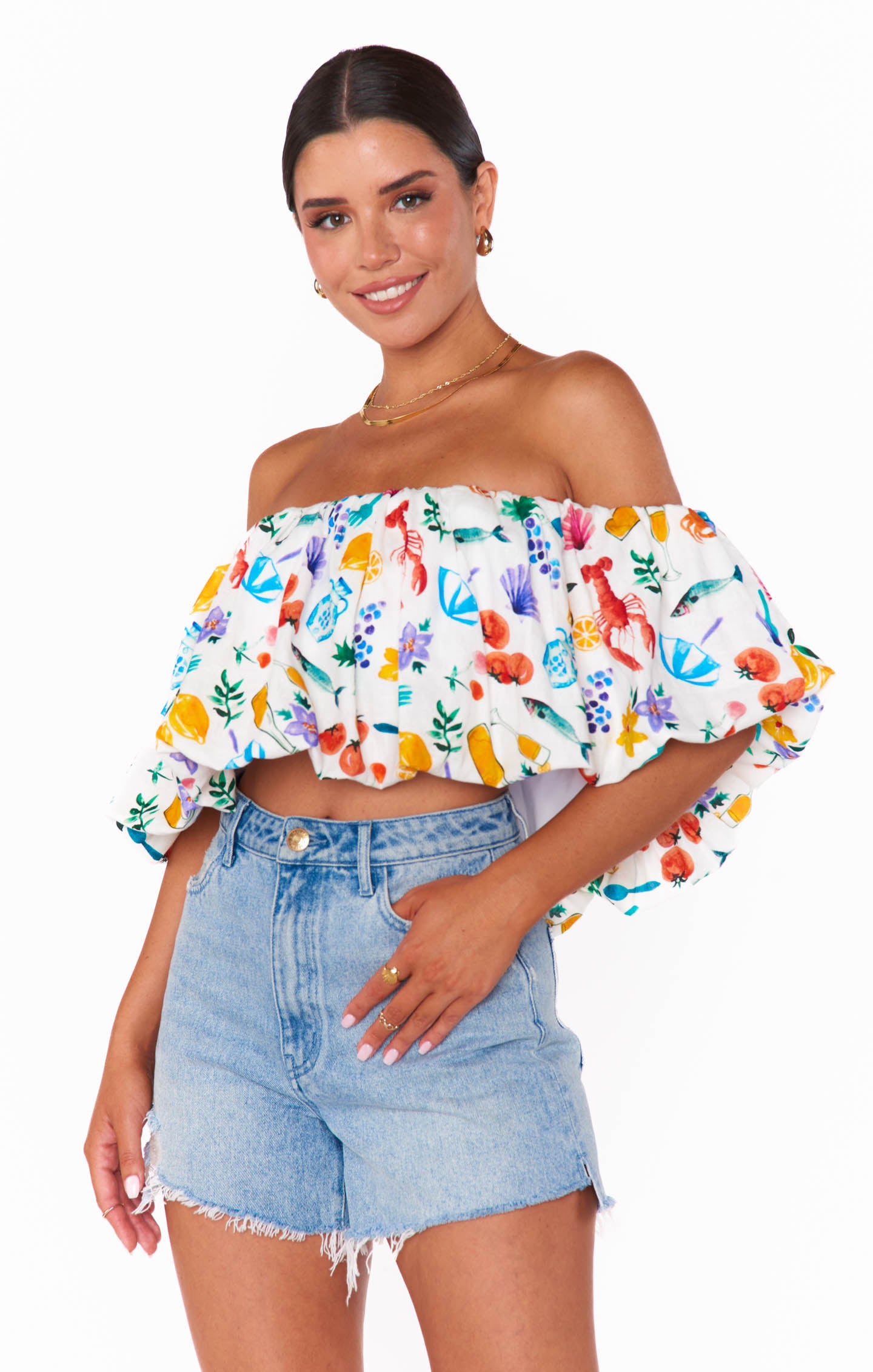 Off-Shoulder Linen Crop Top | Italian Picnic Print - Maria Top