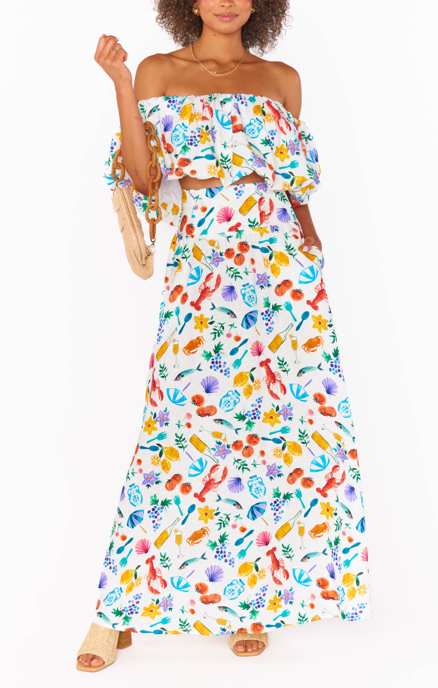 Off-Shoulder Linen Crop Top | Italian Picnic Print - Maria Top