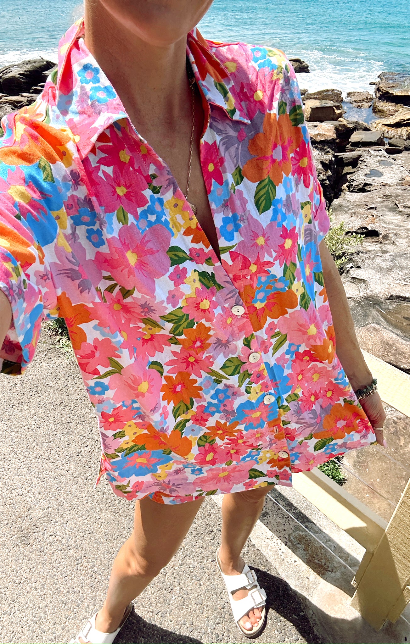 Barbie™ Blooms Linen Button Down Shirt | Oversized Fit & Short Sleeves