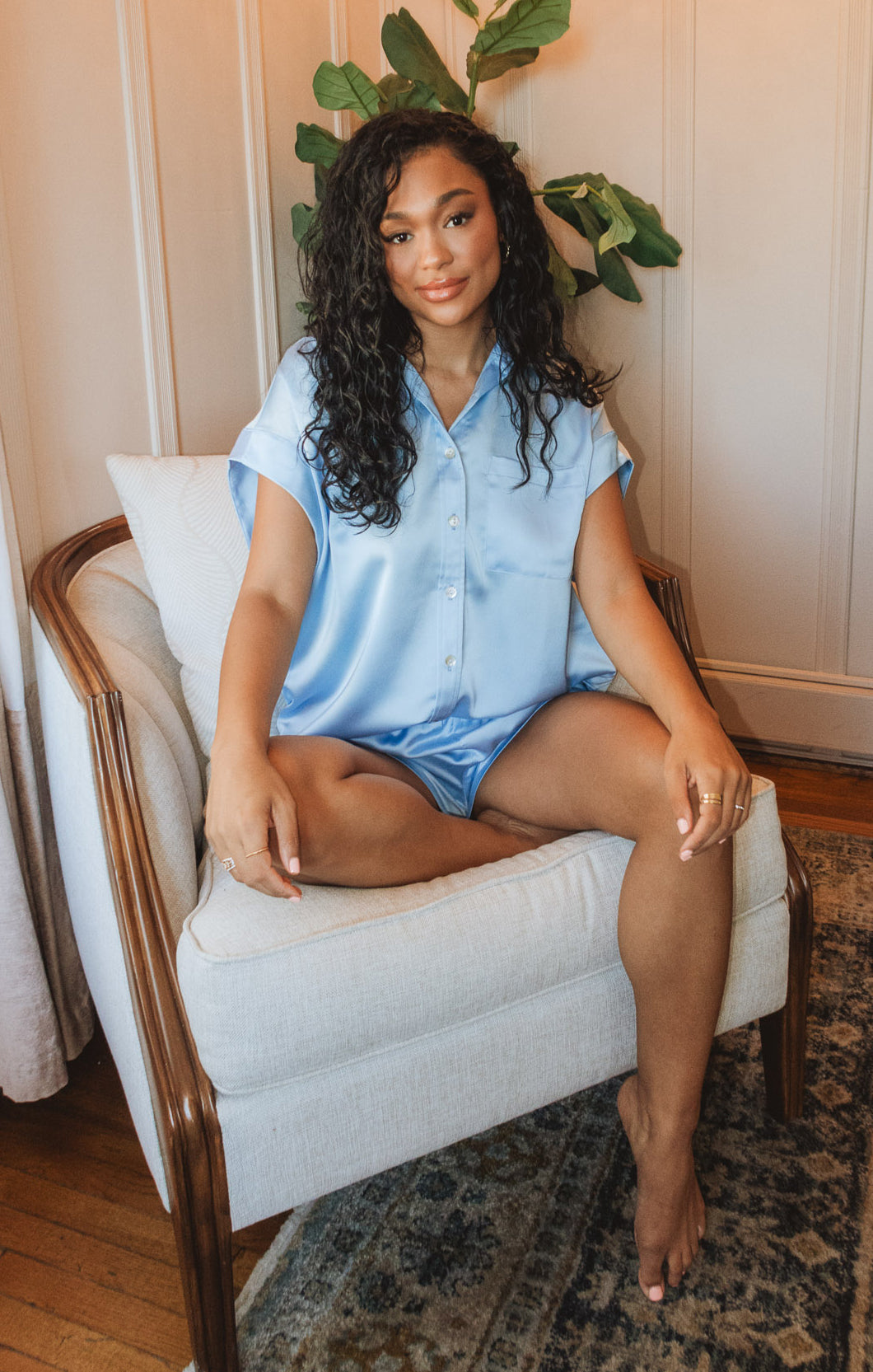 Baby Blue Satin Button-Up Shirt for Bridal Party | Luxe Day