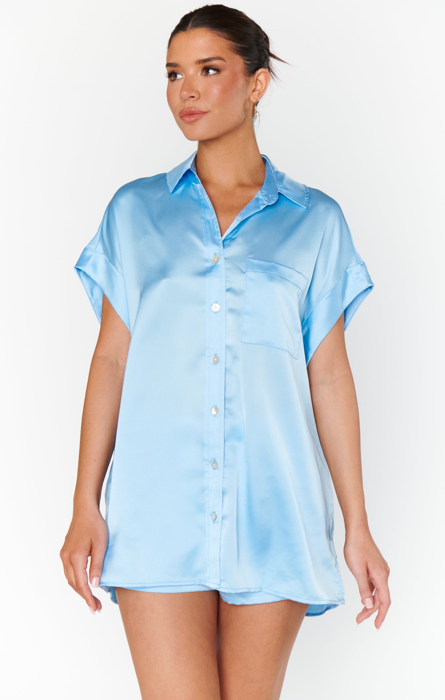 Baby Blue Satin Button-Up Shirt for Bridal Party | Luxe Day