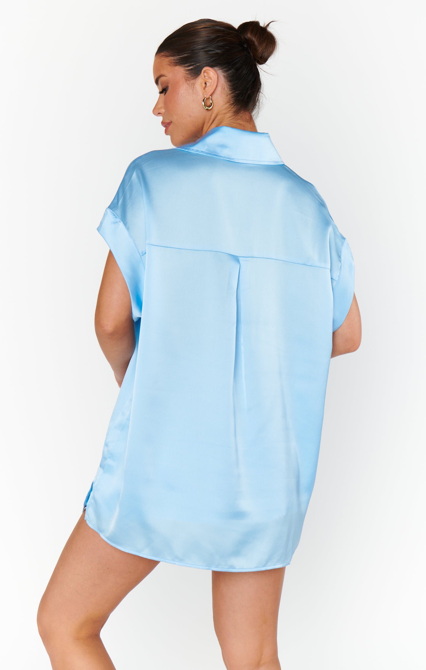 Baby Blue Satin Button-Up Shirt for Bridal Party | Luxe Day