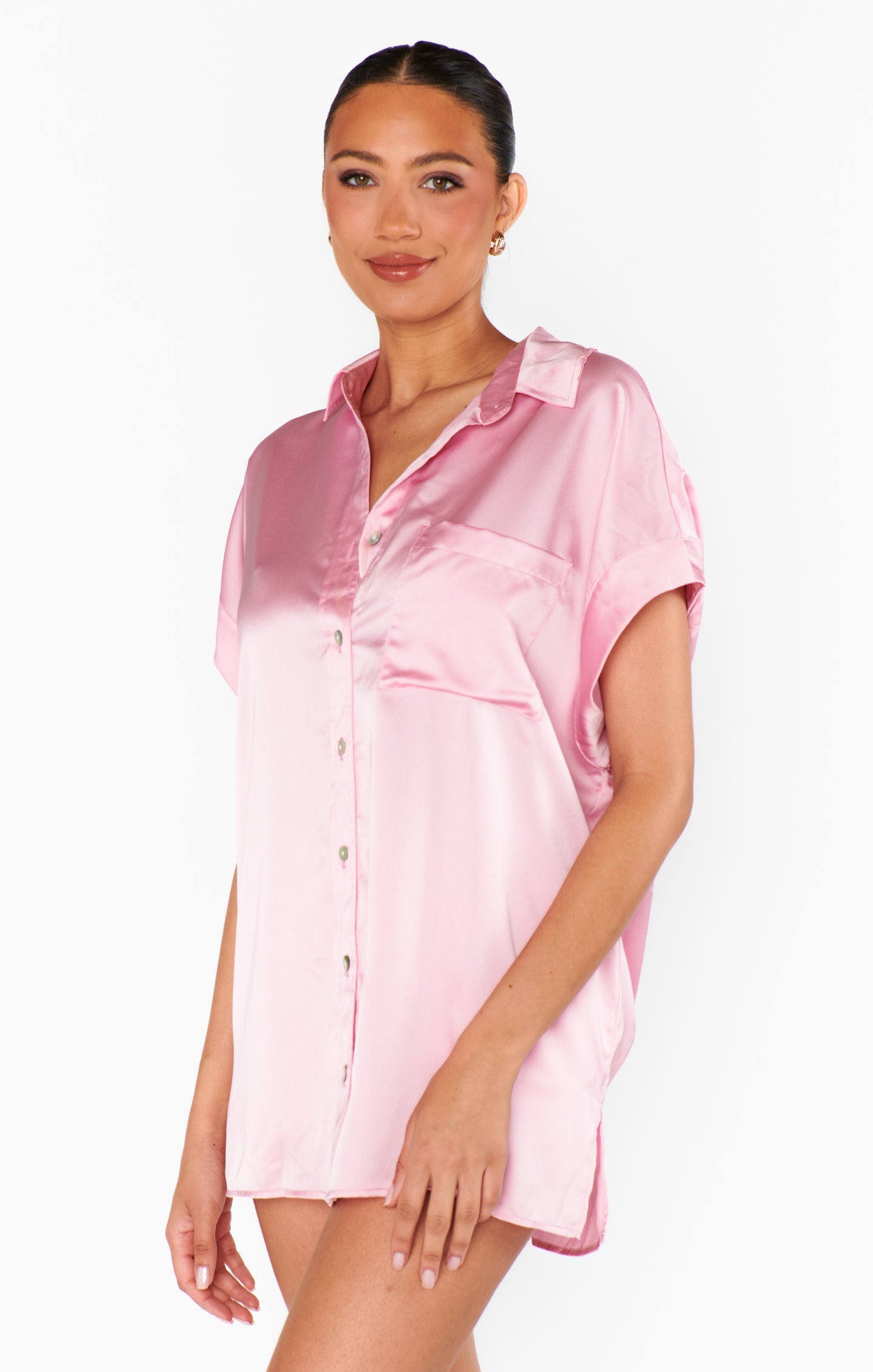Luxe Satin Button-Up Shirt for Bridal Parties | Light Pink