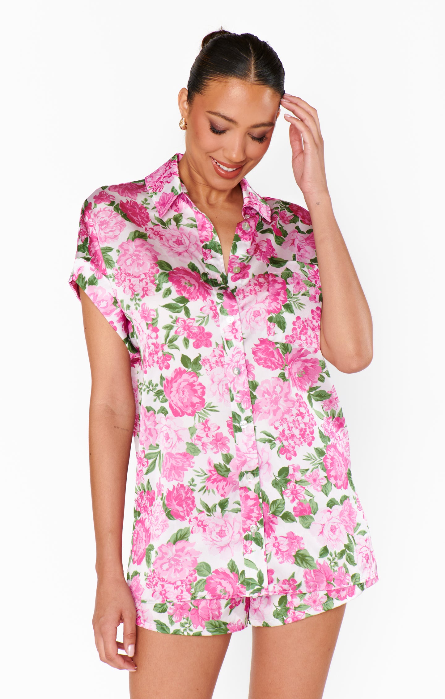 Silk Satin Button-Up Shirt for Bridal Party | Cottage Floral Pink