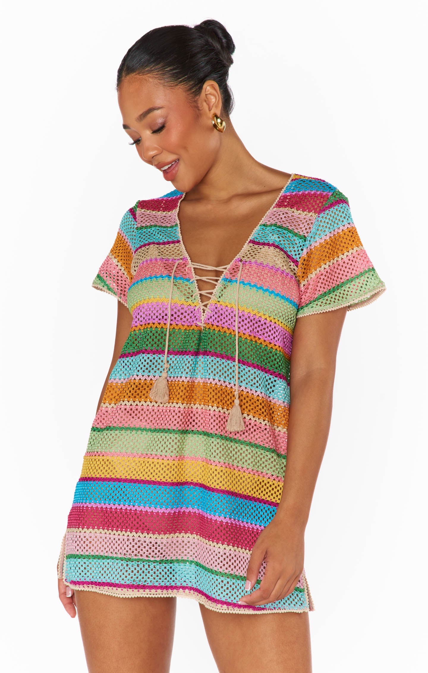 Airy Crochet Travel Coverup with Rainbow Criss-Cross Detail