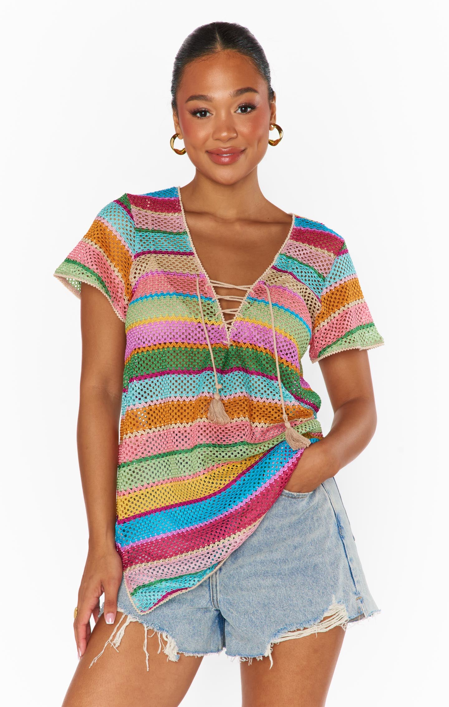 Airy Crochet Travel Coverup with Rainbow Criss-Cross Detail