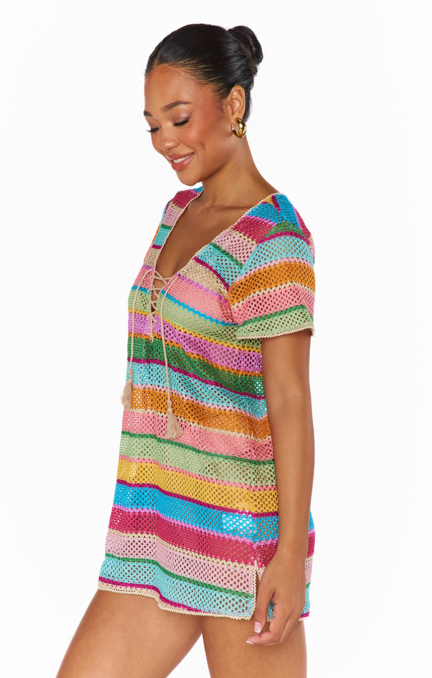 Airy Crochet Travel Coverup with Rainbow Criss-Cross Detail